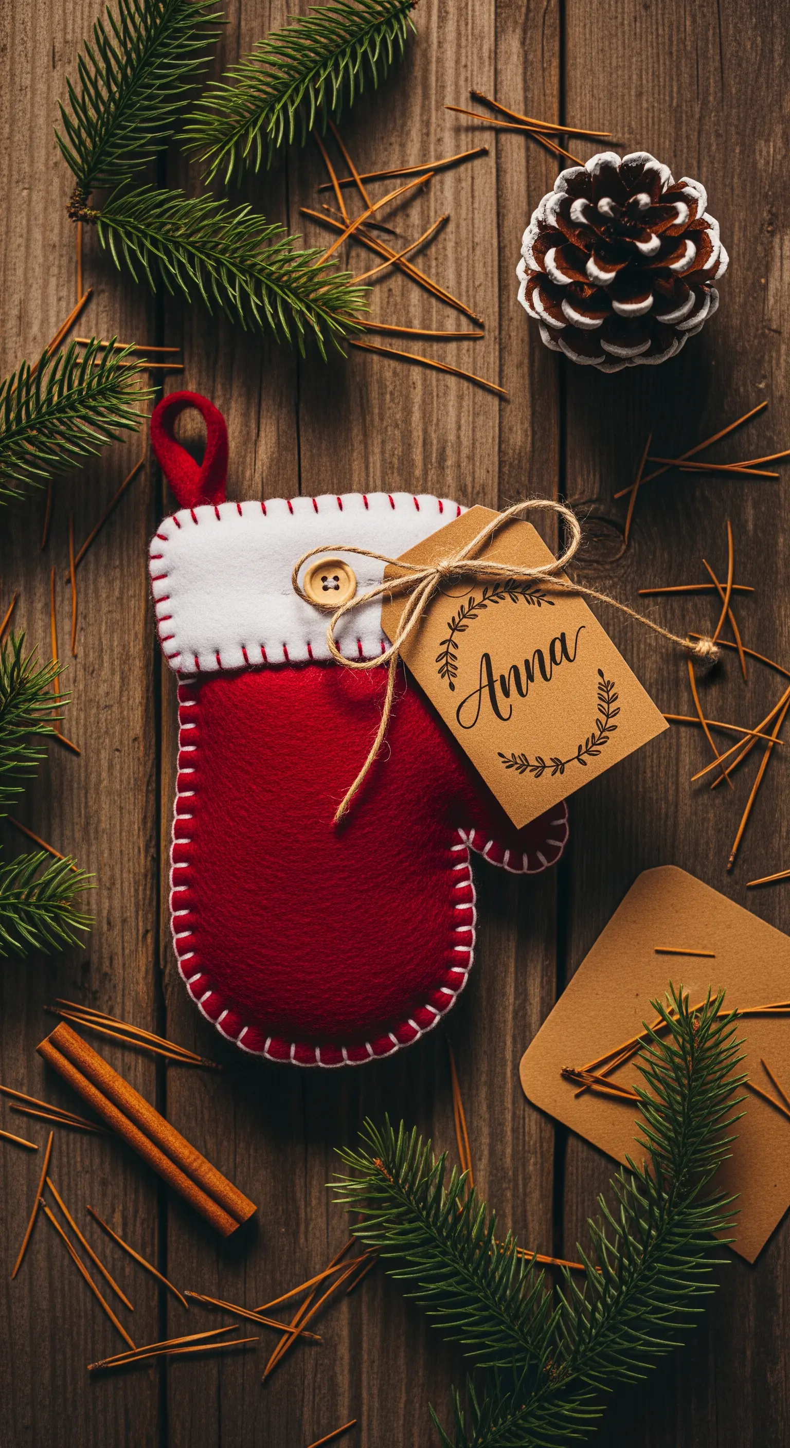 Guantino natalizio in feltro rosso con etichetta personalizzata su un tavolo di legno rustico.
