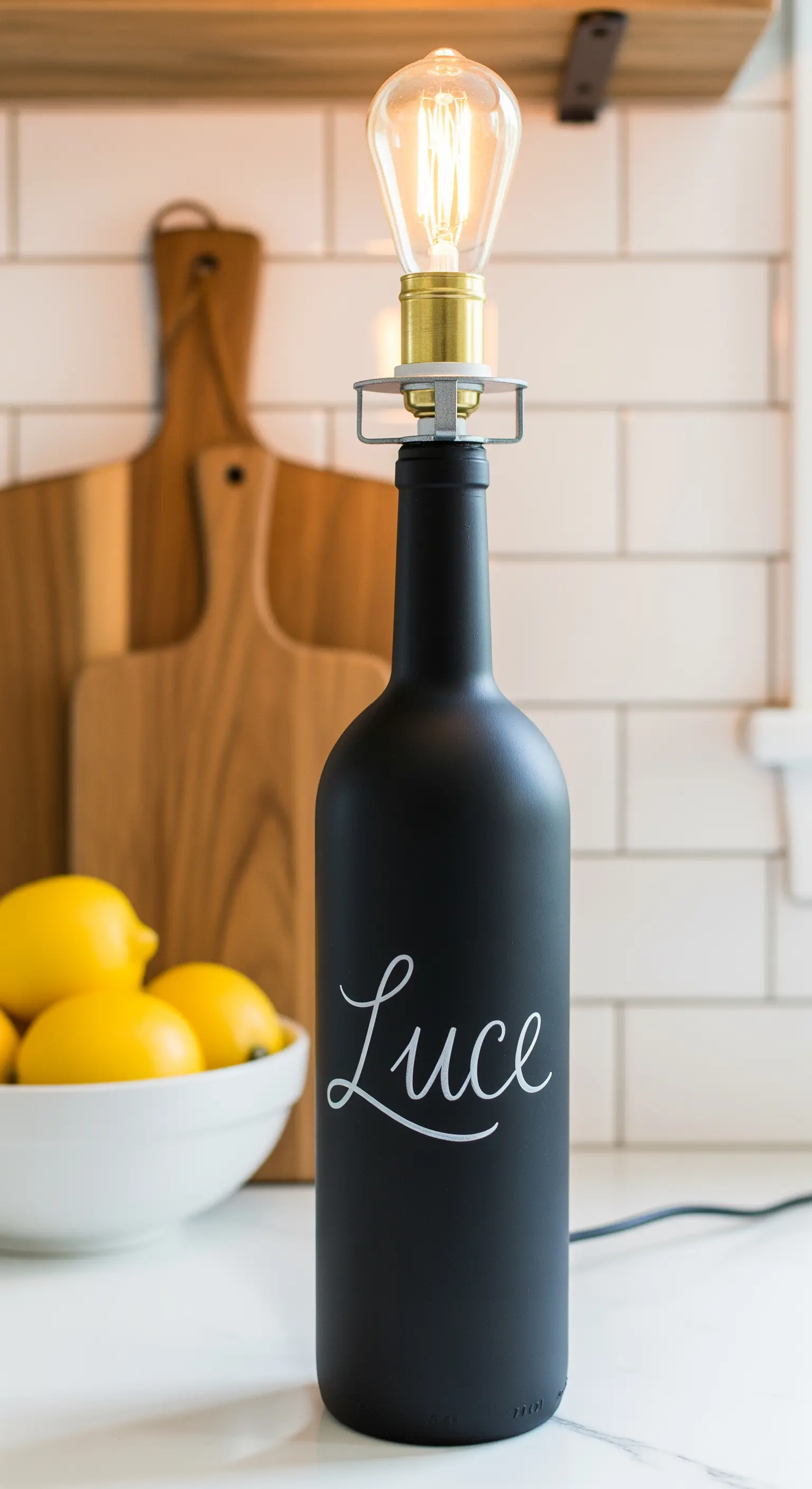 Lampada da tavolo con base in bottiglia nera opaca e la scritta 'Luce' in corsivo bianco.