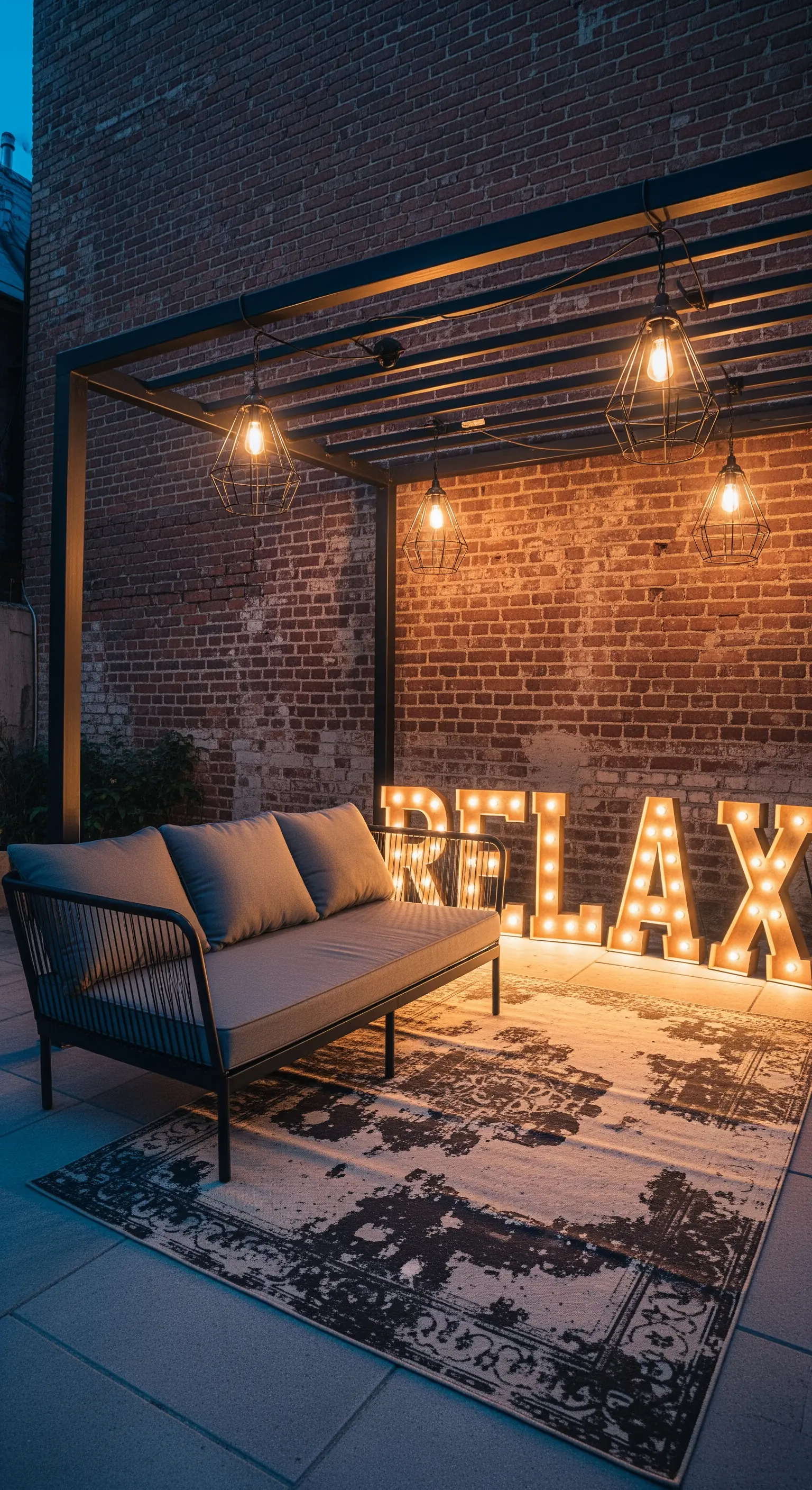 Patio in stile industriale con parete di mattoni, divano minimalista e insegna 