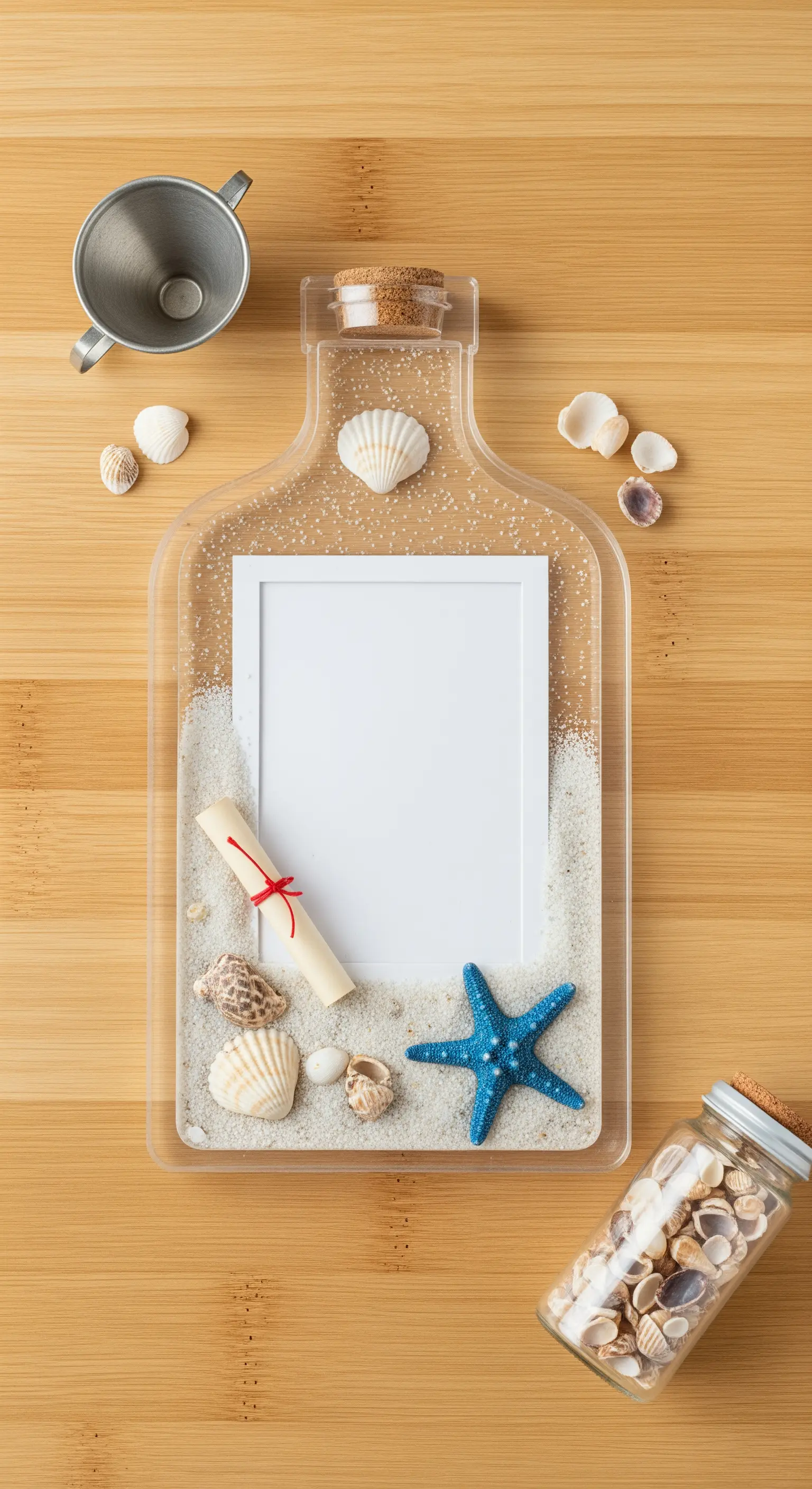 Cornice a forma di bottiglia trasparente con sabbia, conchiglie e una foto all'interno.