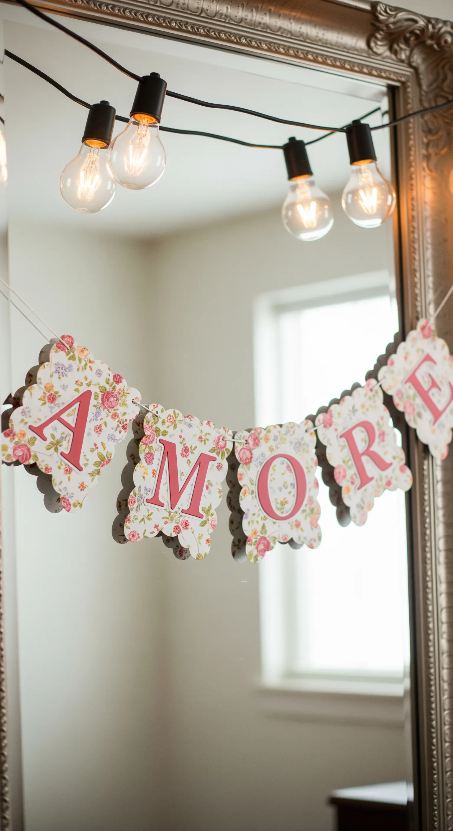 Festone di carta con scritta 'AMORE' e motivi floreali, appeso a uno specchio barocco.