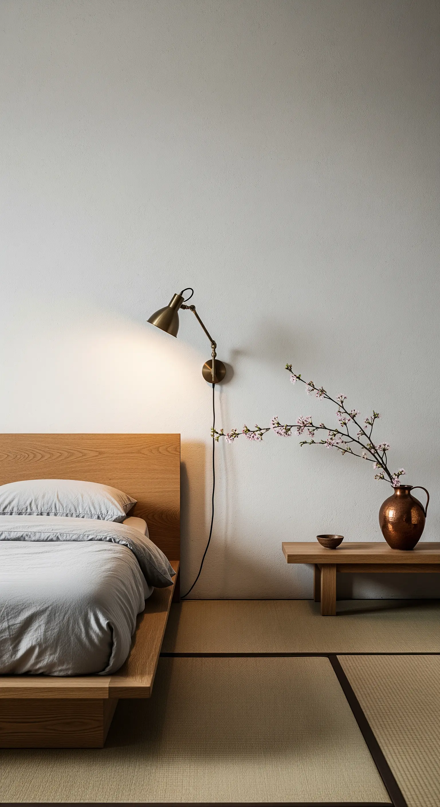 Lampada da parete in ottone e vaso in rame in una camera da letto in stile giapponese.