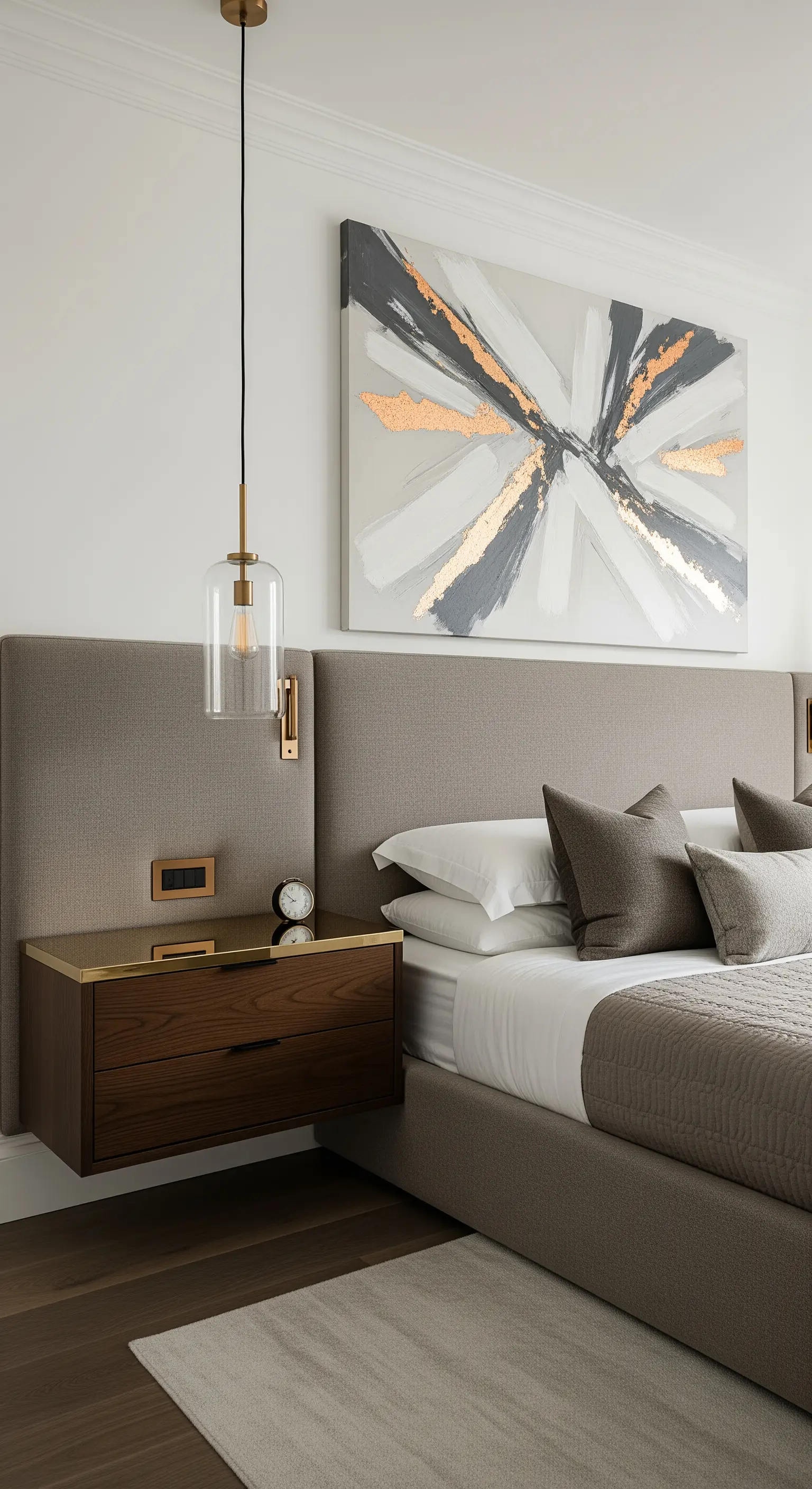 Lampada a sospensione in ottone integrata in un comodino sospeso accanto al letto.