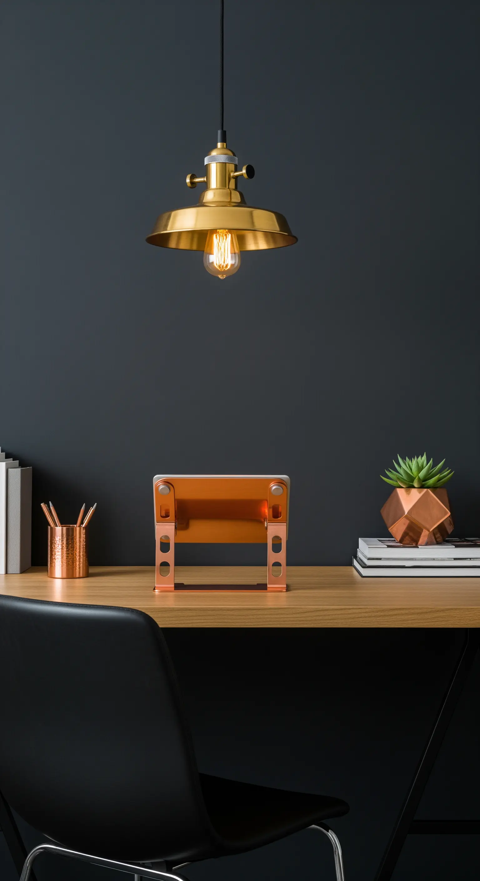 Scrivania in legno con lampada a sospensione in ottone e accessori in rame su sfondo grigio scuro.