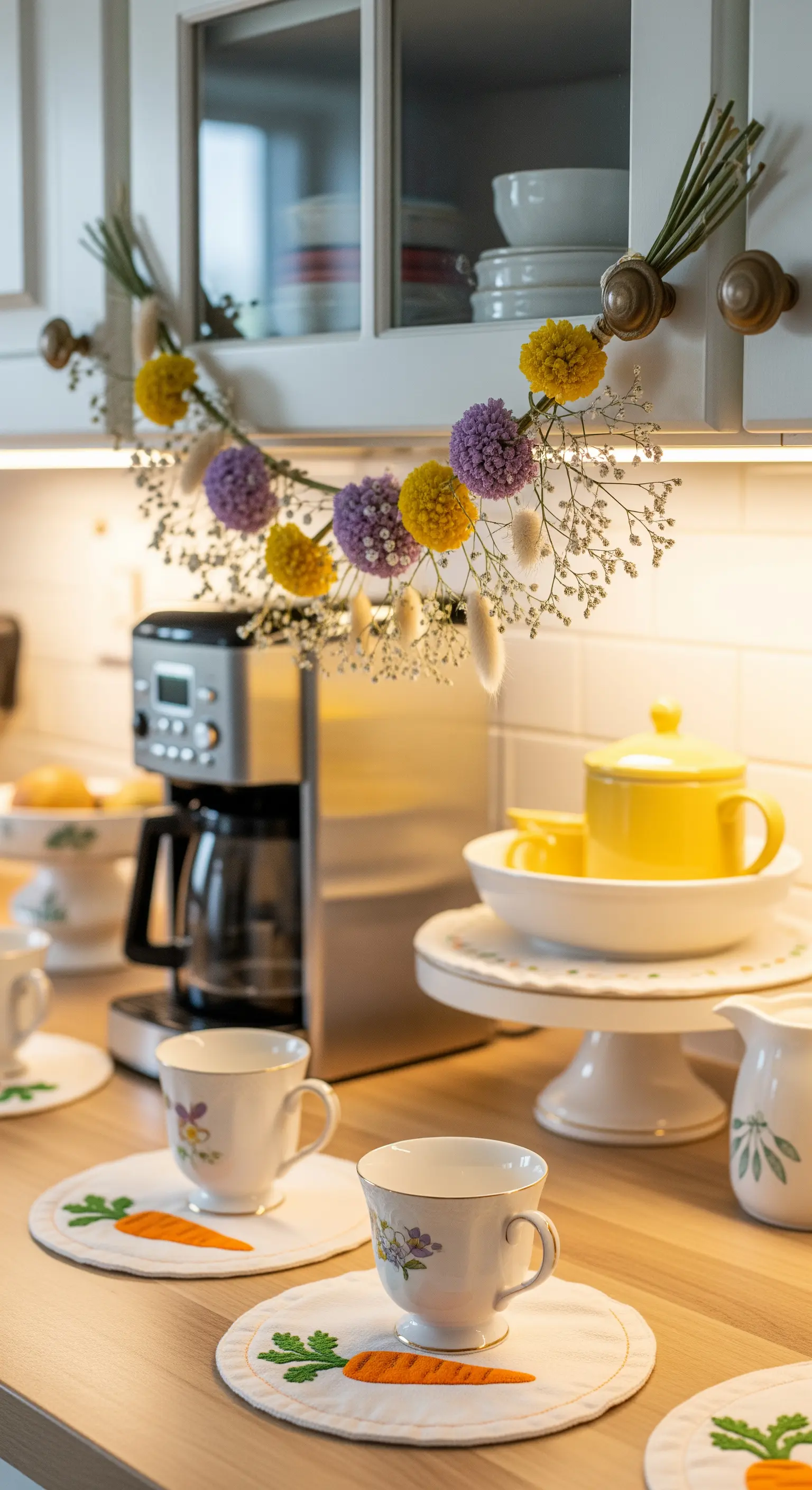 Angolo caffè con piccola ghirlanda di fiori secchi e tazzine su tovagliette ricamate a forma di carota.