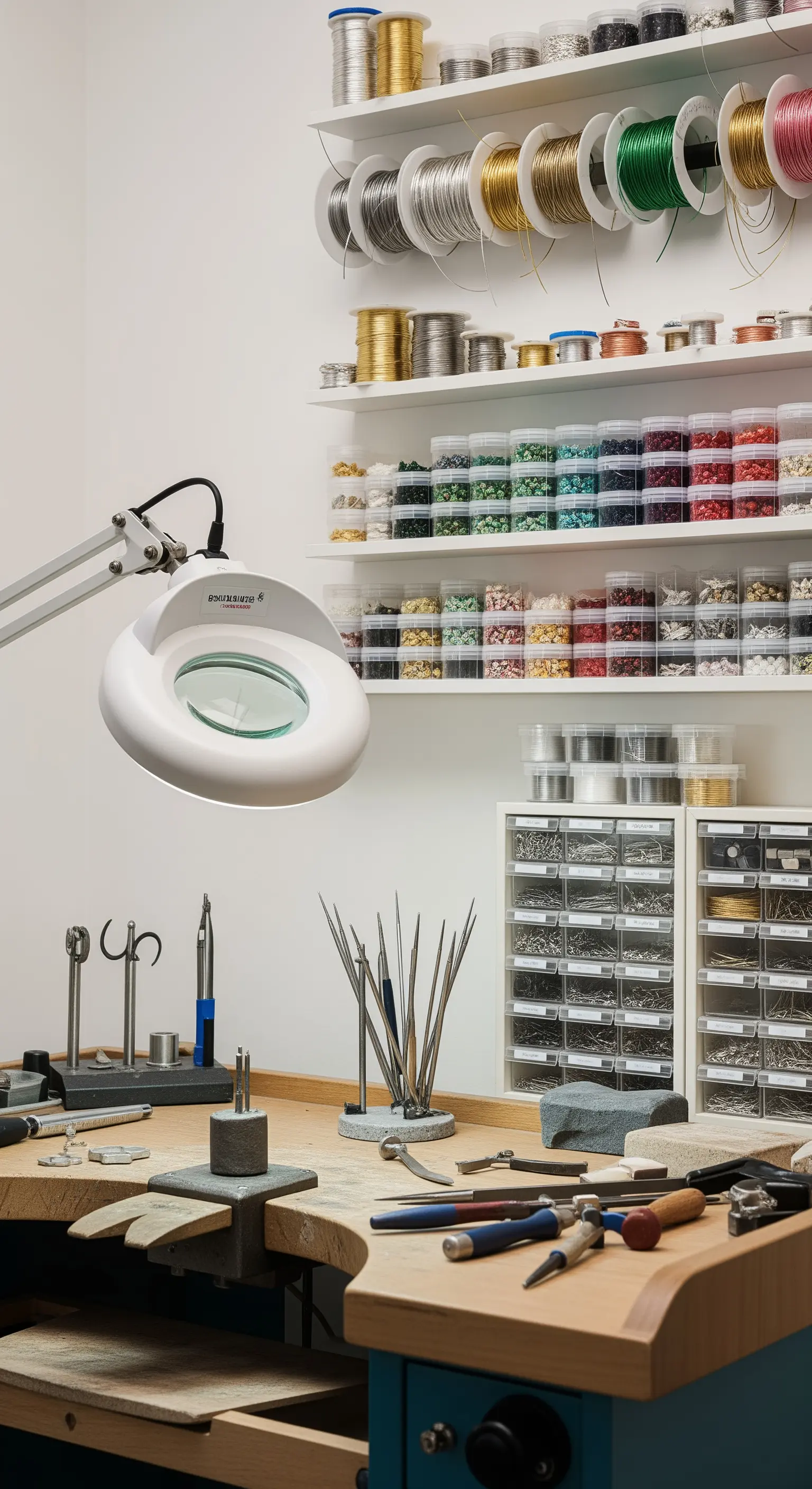 Banco da orafo con cassettiere trasparenti per perline e lampada con lente d'ingrandimento.