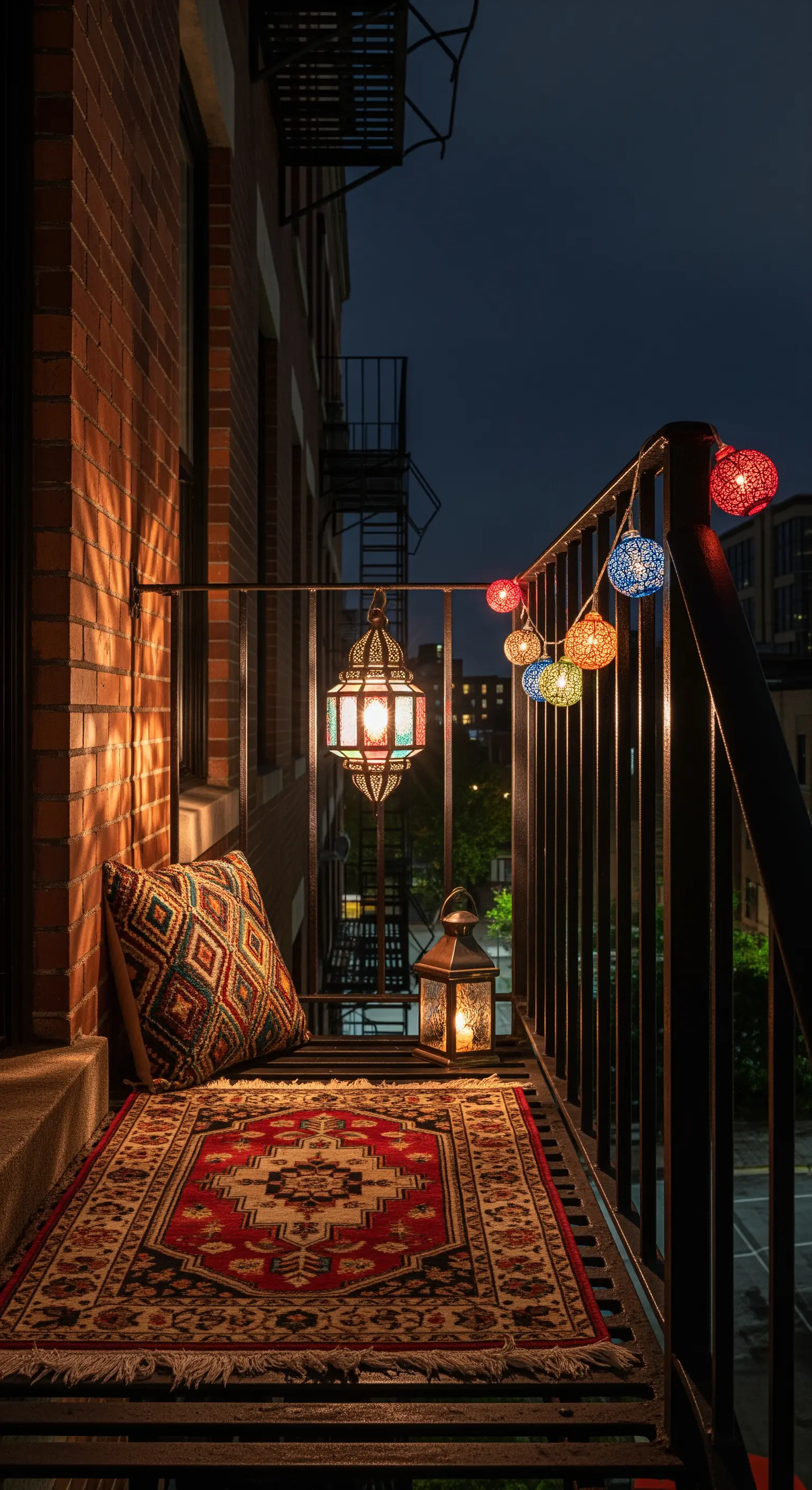 Piccola scala antincendio trasformata in balcone con tappeto, cuscino e lanterne.