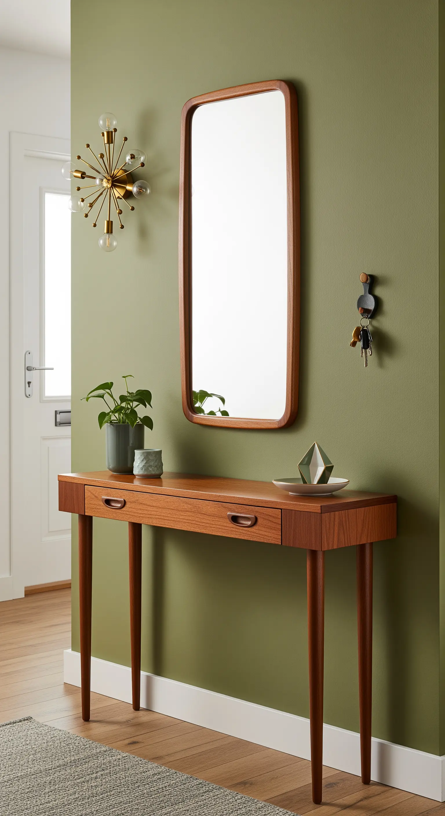 Consolle in legno Mid-Century su una parete verde salvia, con lampada Sputnik in ottone.