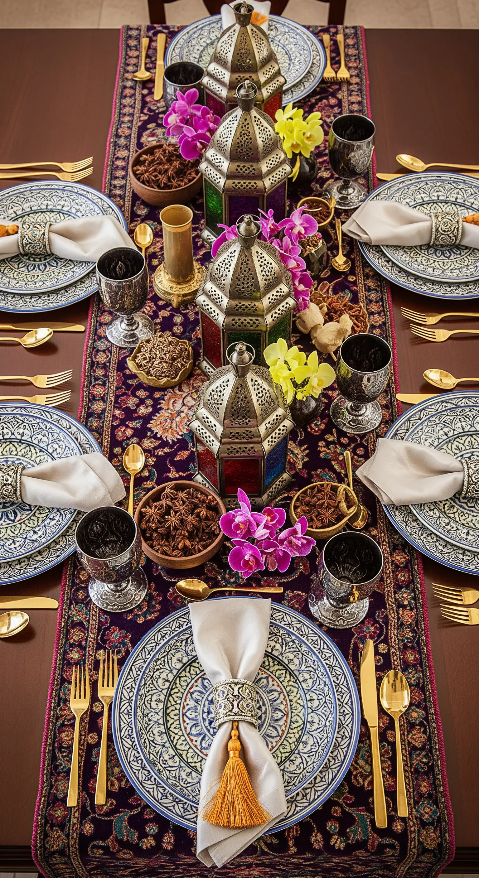 Tavola in stile mediorientale con lanterne, posate dorate e piatti decorati.