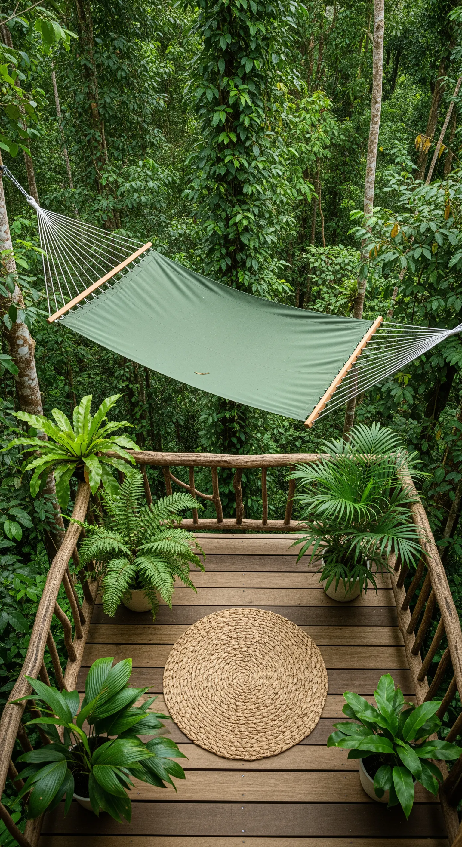 Amaca verde sospesa su un balcone in legno immerso nella giungla.