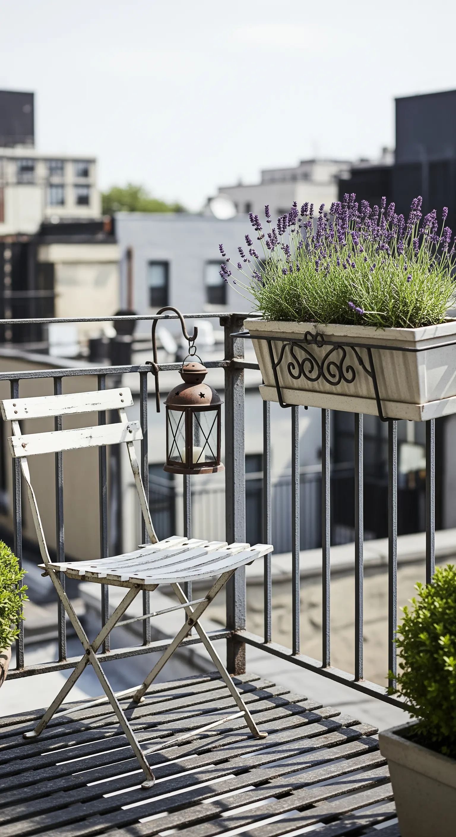 Sedia pieghevole bianca e lanterna arrugginita su un piccolo balcone con pavimento in legno.