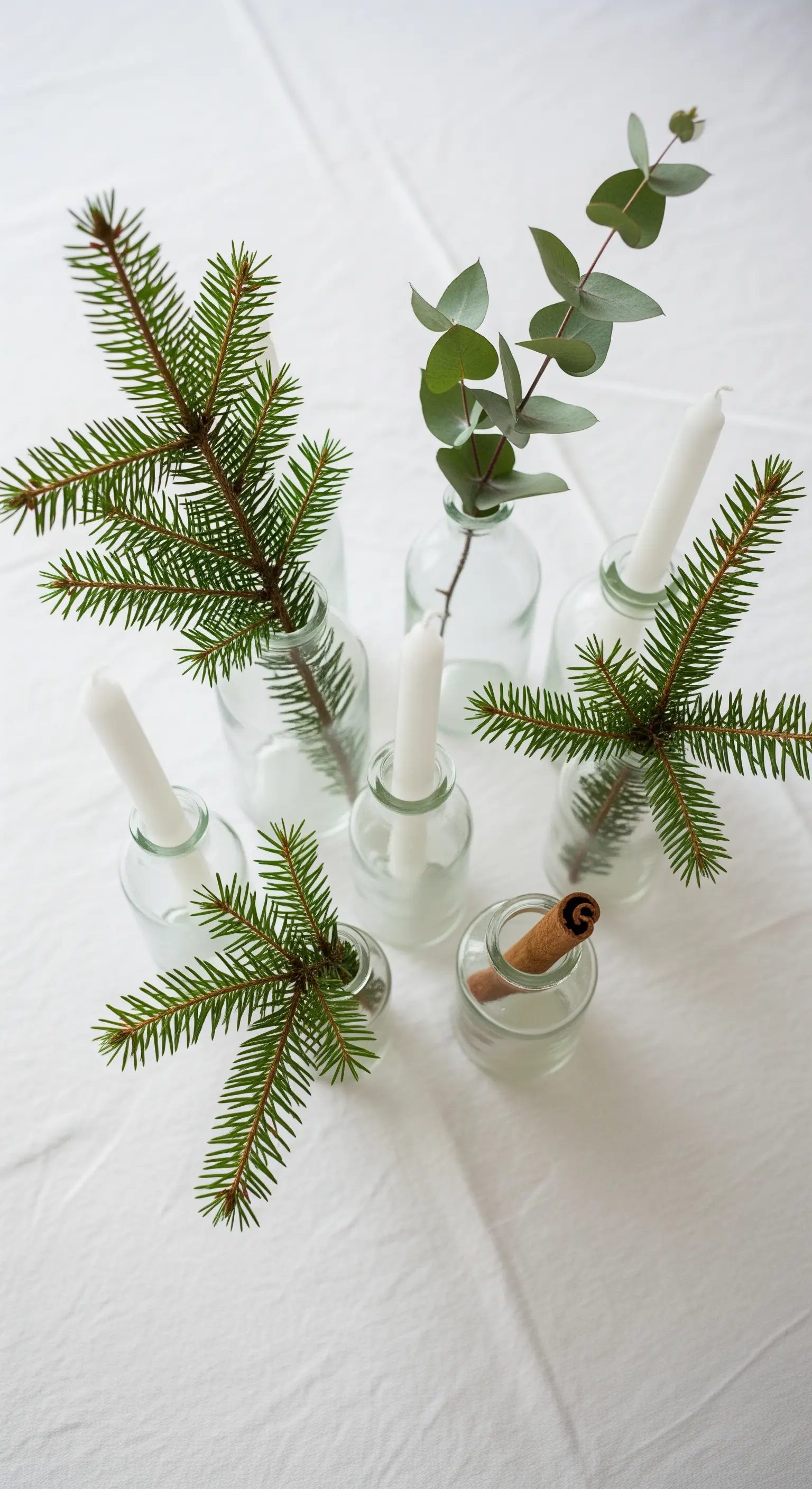Composizione di vasetti di vetro con rami di pino, eucalipto e candele bianche.