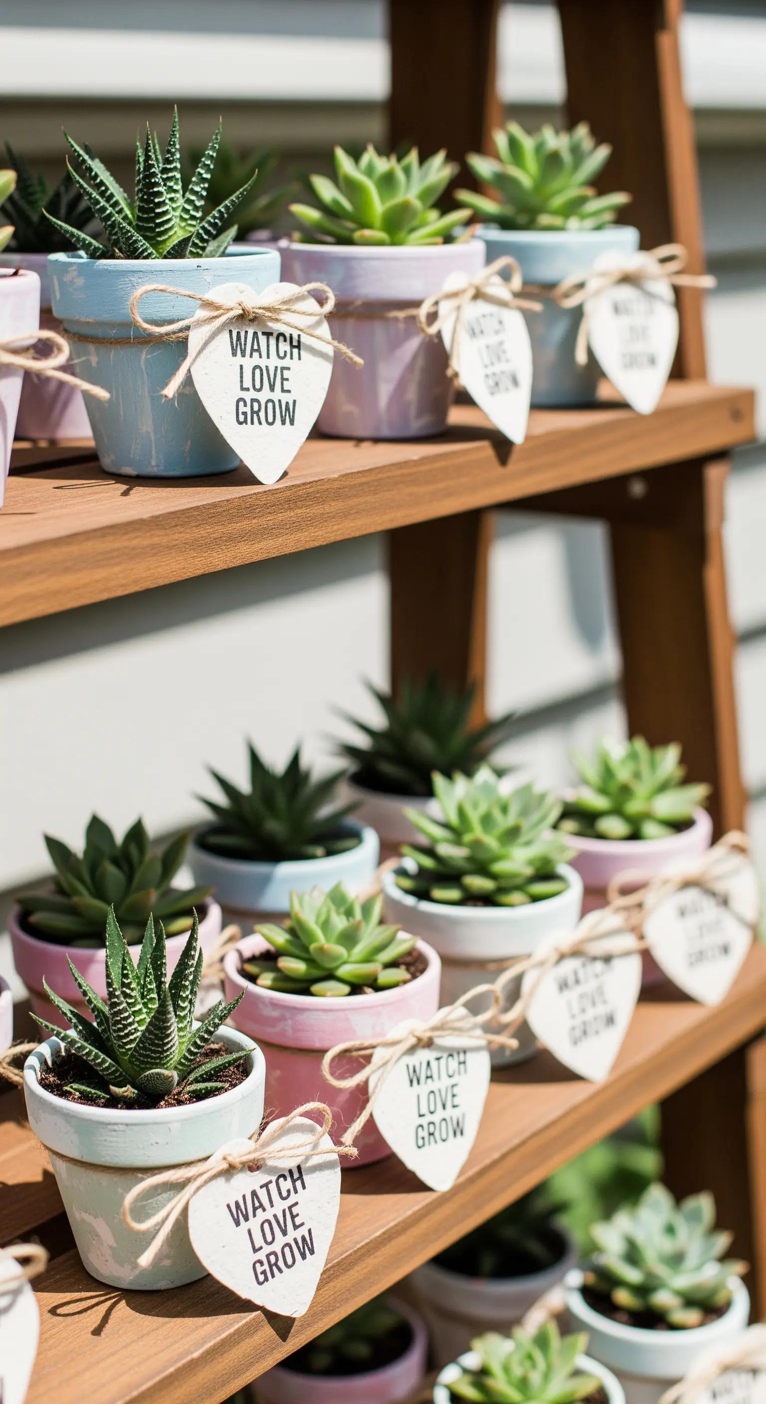 Piccole piante grasse in vasetti di terracotta dipinti con colori pastello e decorati con etichette.