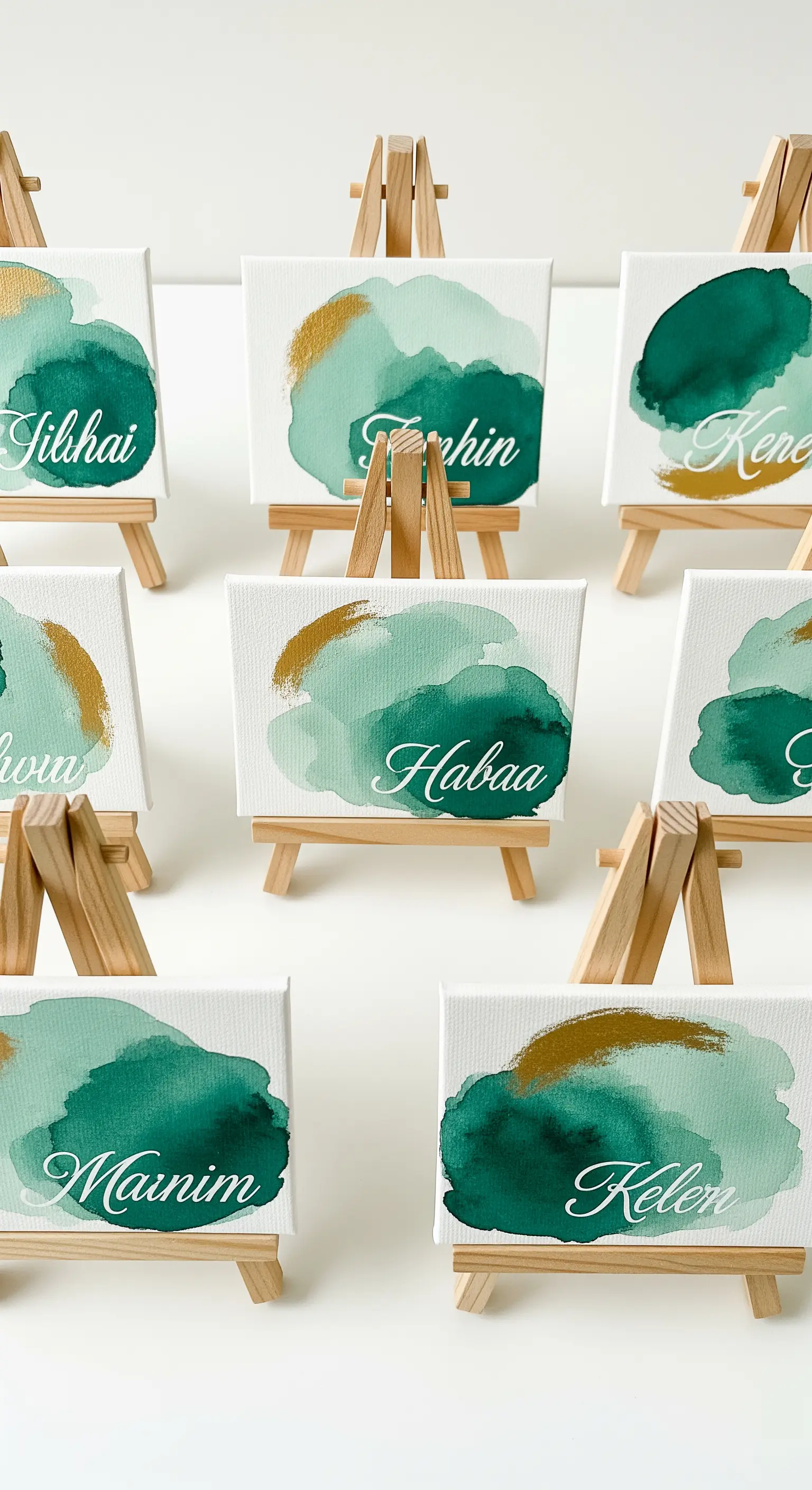 Mini tele con sfondo ad acquerello verde e oro, usate come segnaposto su piccoli cavalletti.