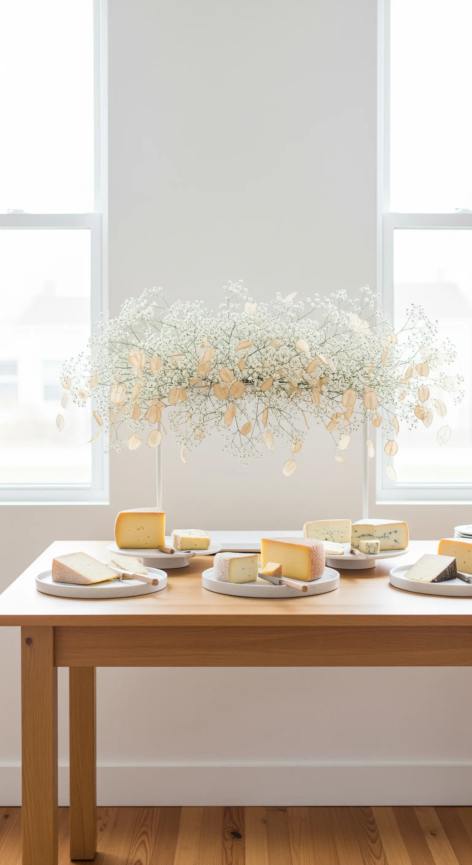 Tavolo minimalista in legno chiaro con formaggi e un centrotavola di fiori secchi leggeri.