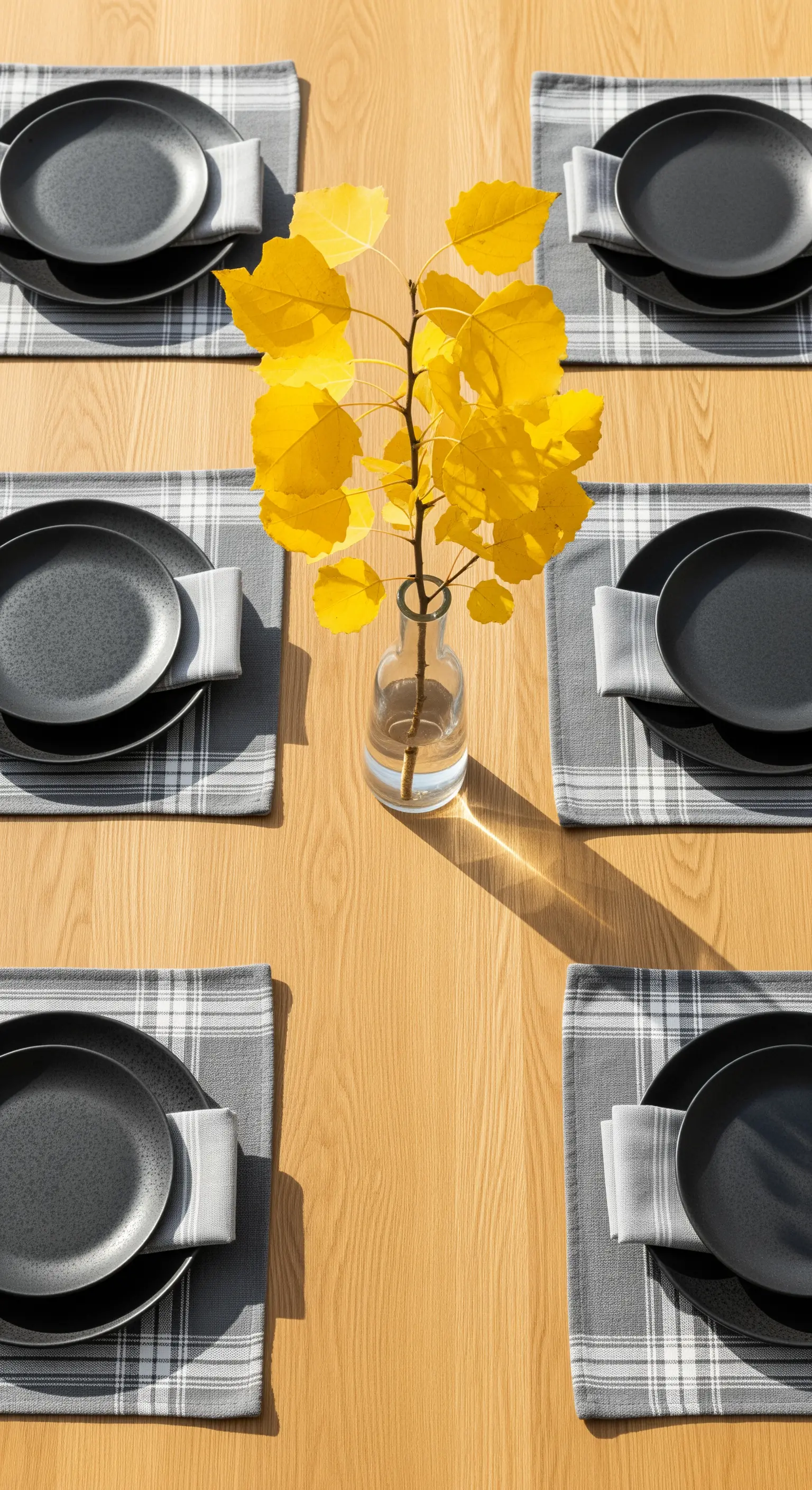 Tavola minimalista con tovagliette tartan grigie, piatti neri e un vaso con un ramo di foglie gialle.