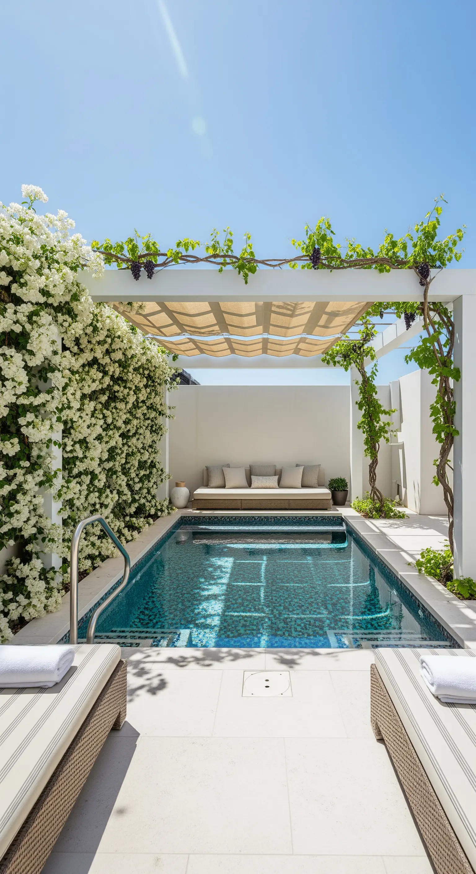Piscina con mosaico blu, pergola bianca, bouganville bianca e zona relax.