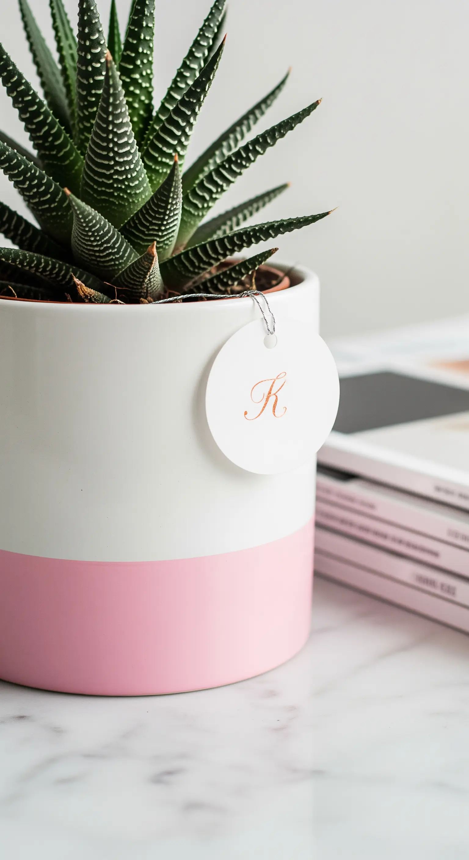 Vaso in ceramica bianco e rosa con un'etichetta rotonda con l'iniziale 