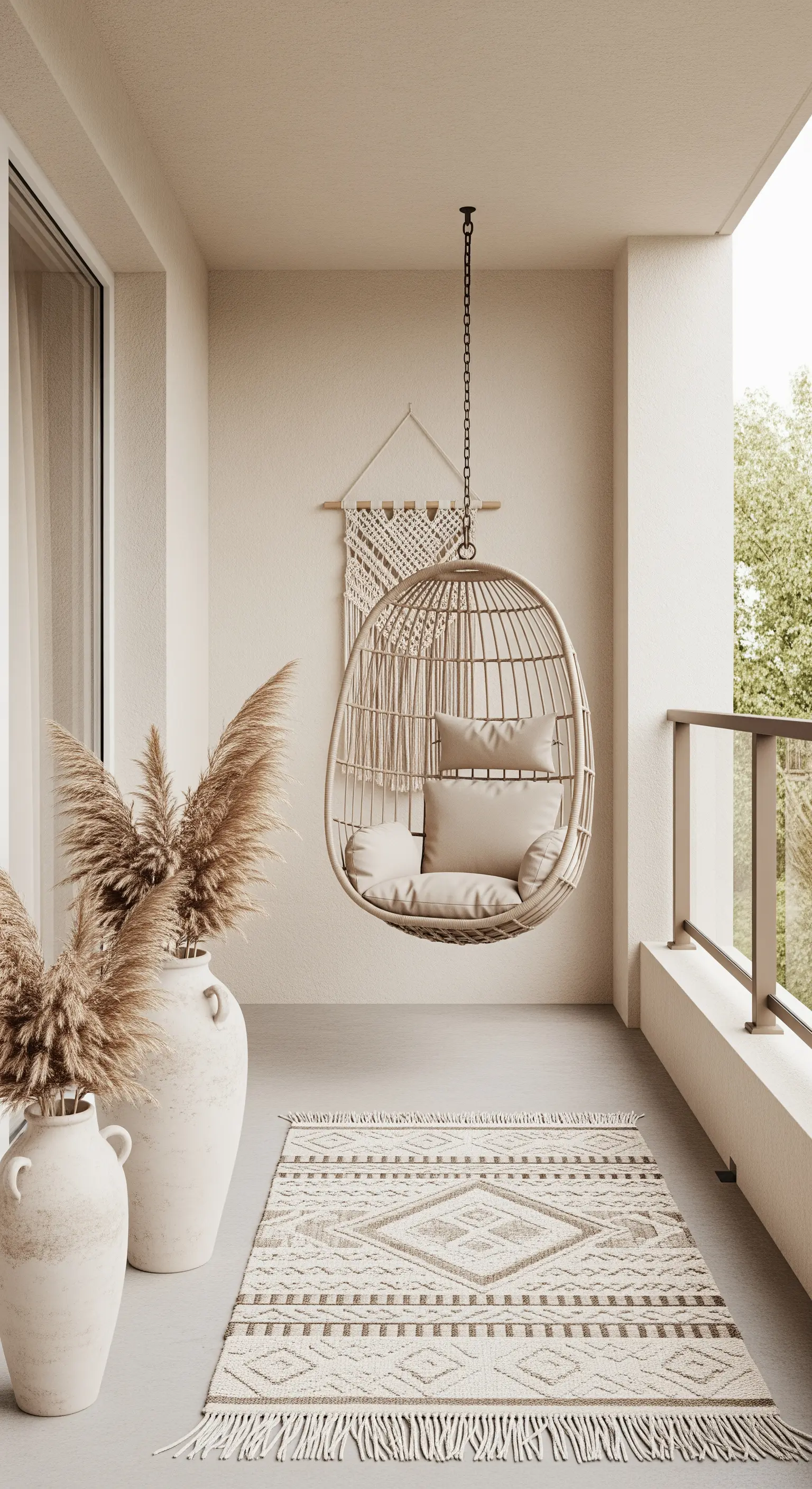 Balcone minimalista con sedia sospesa beige, tappeto berbero e vasi con erba della pampas.