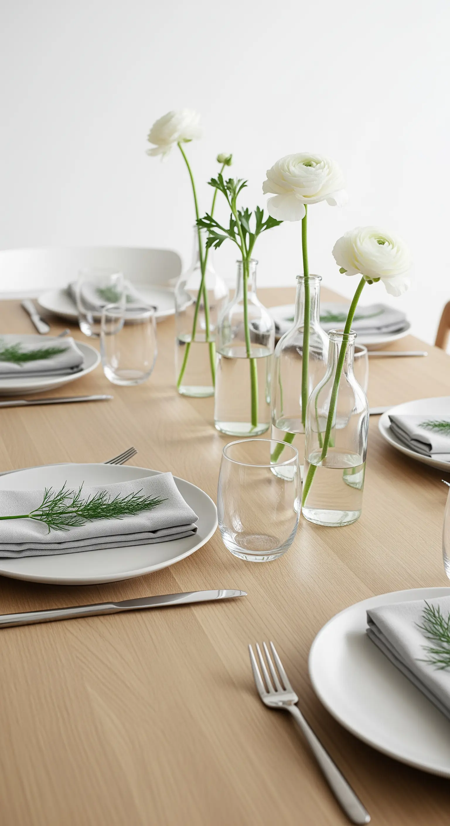 Centrotavola composto da bottiglie di vetro con singoli steli di fiori bianchi ed erbe aromatiche.