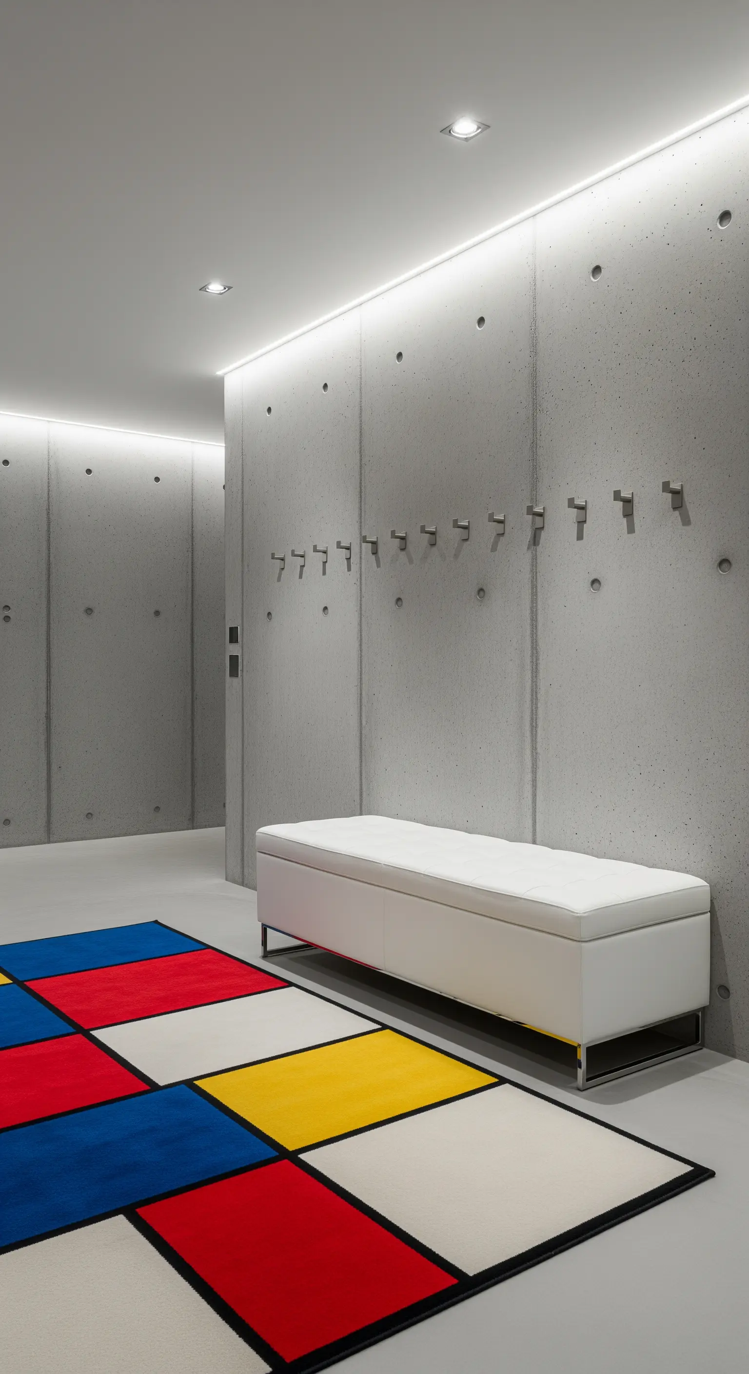 Ingresso minimalista con pareti in cemento, panca bianca e tappeto ispirato a Mondrian.