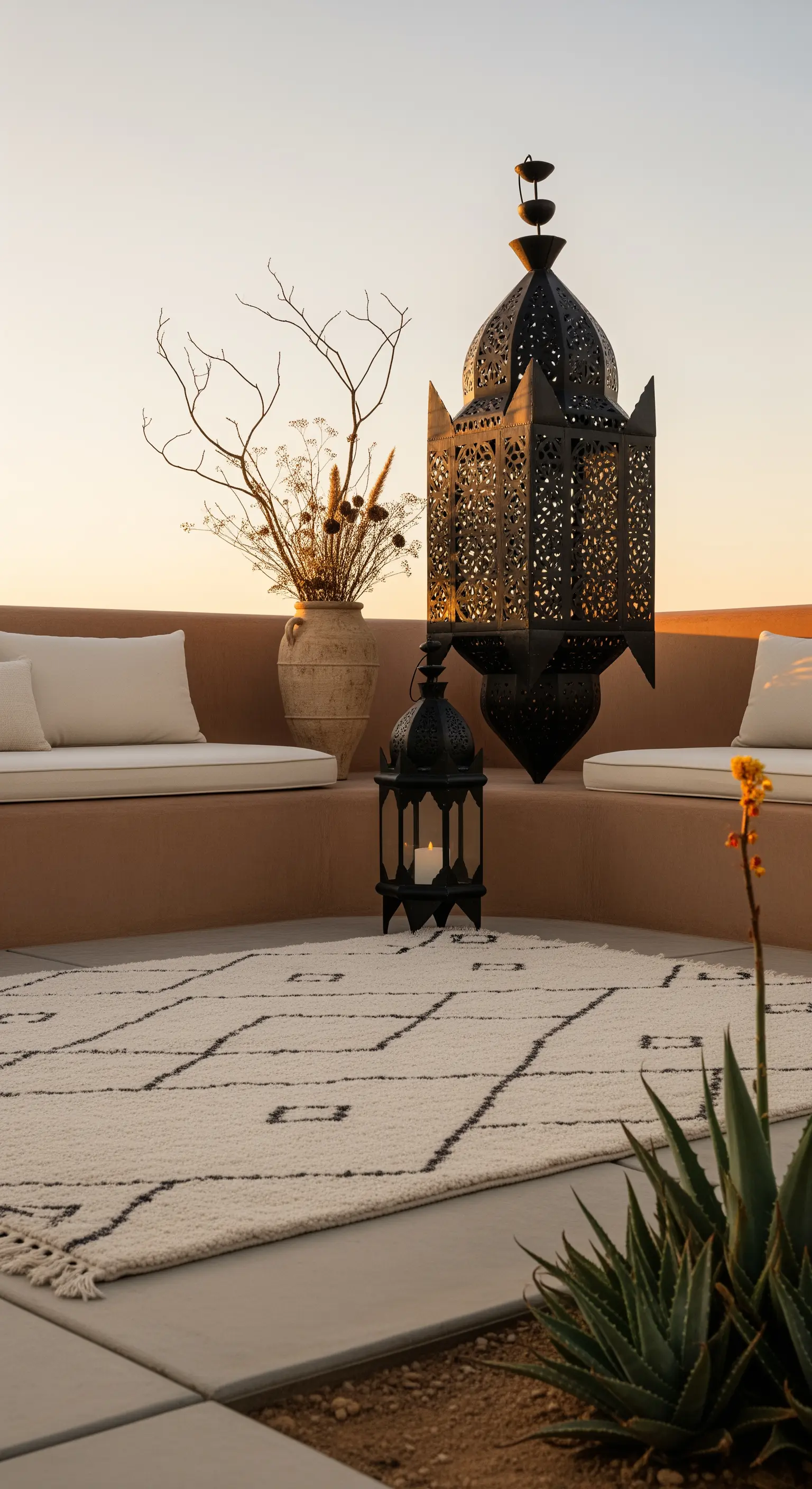Terrazza minimalista con tappeto berbero bianco e nero e grandi lanterne scure.