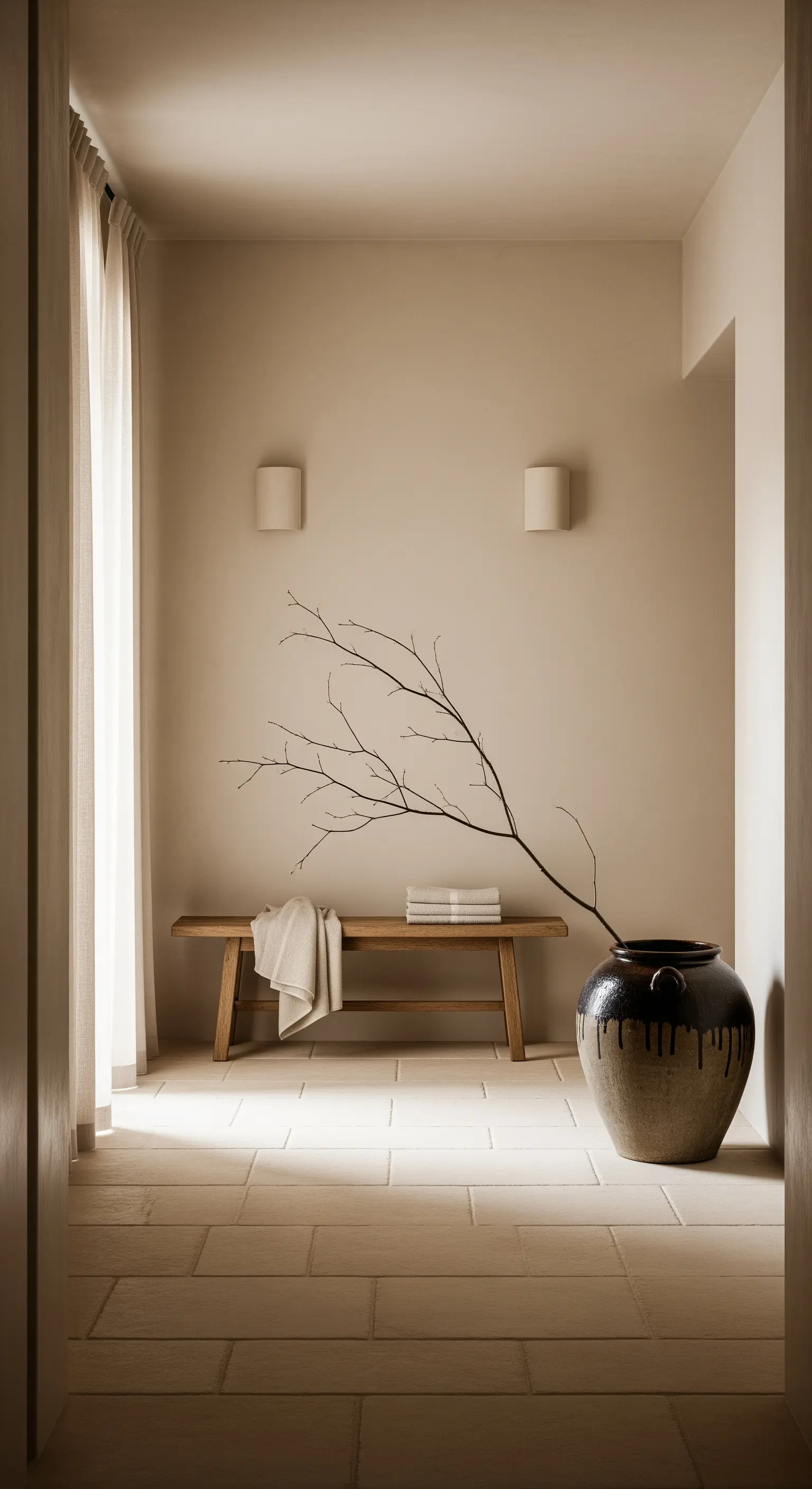 Ingresso minimalista con panca in legno, vaso scuro e un ramo secco decorativo.