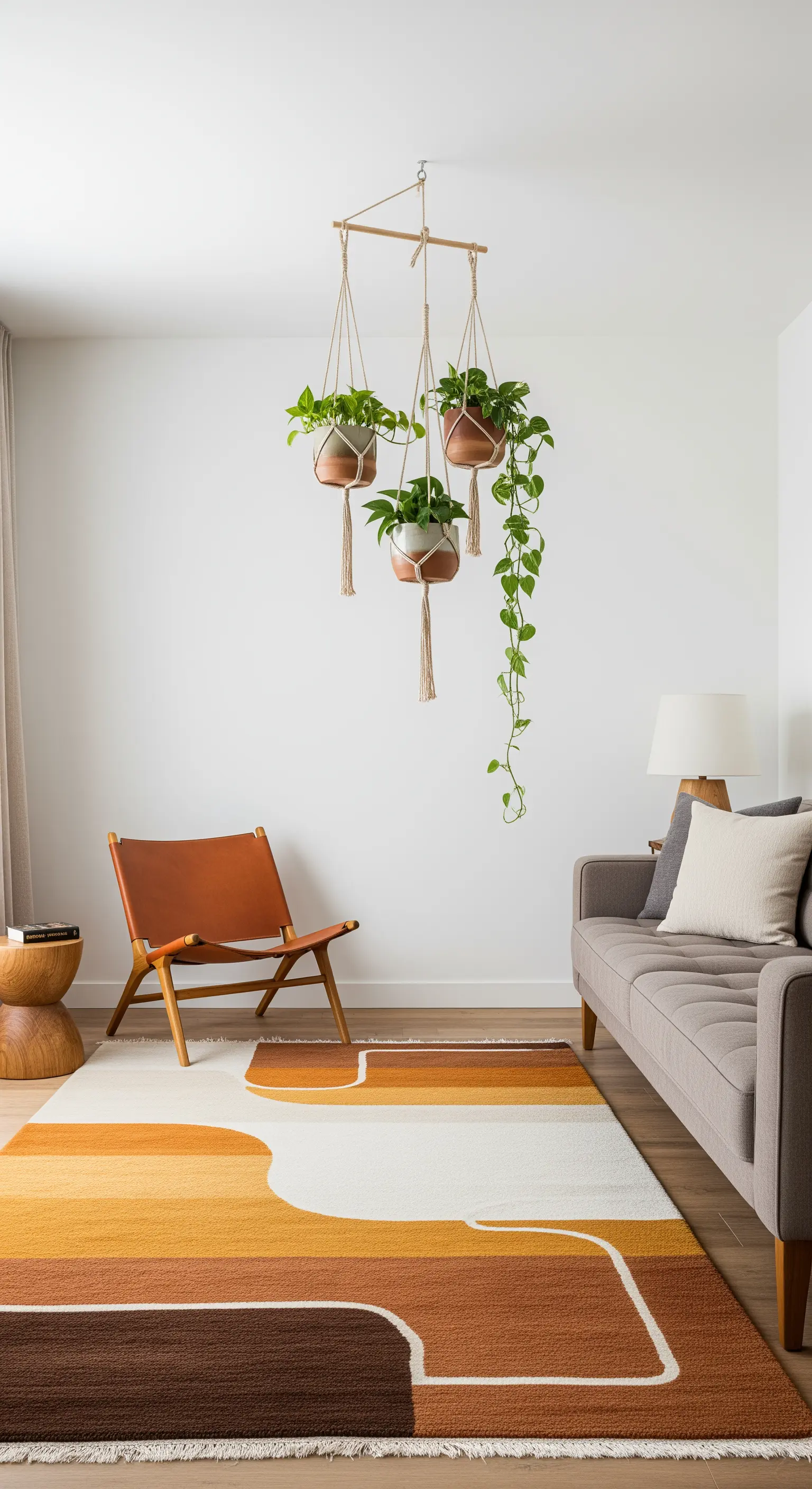 Salotto minimalista con poltrona in pelle, tappeto grafico e un piccolo gruppo di piante sospese.