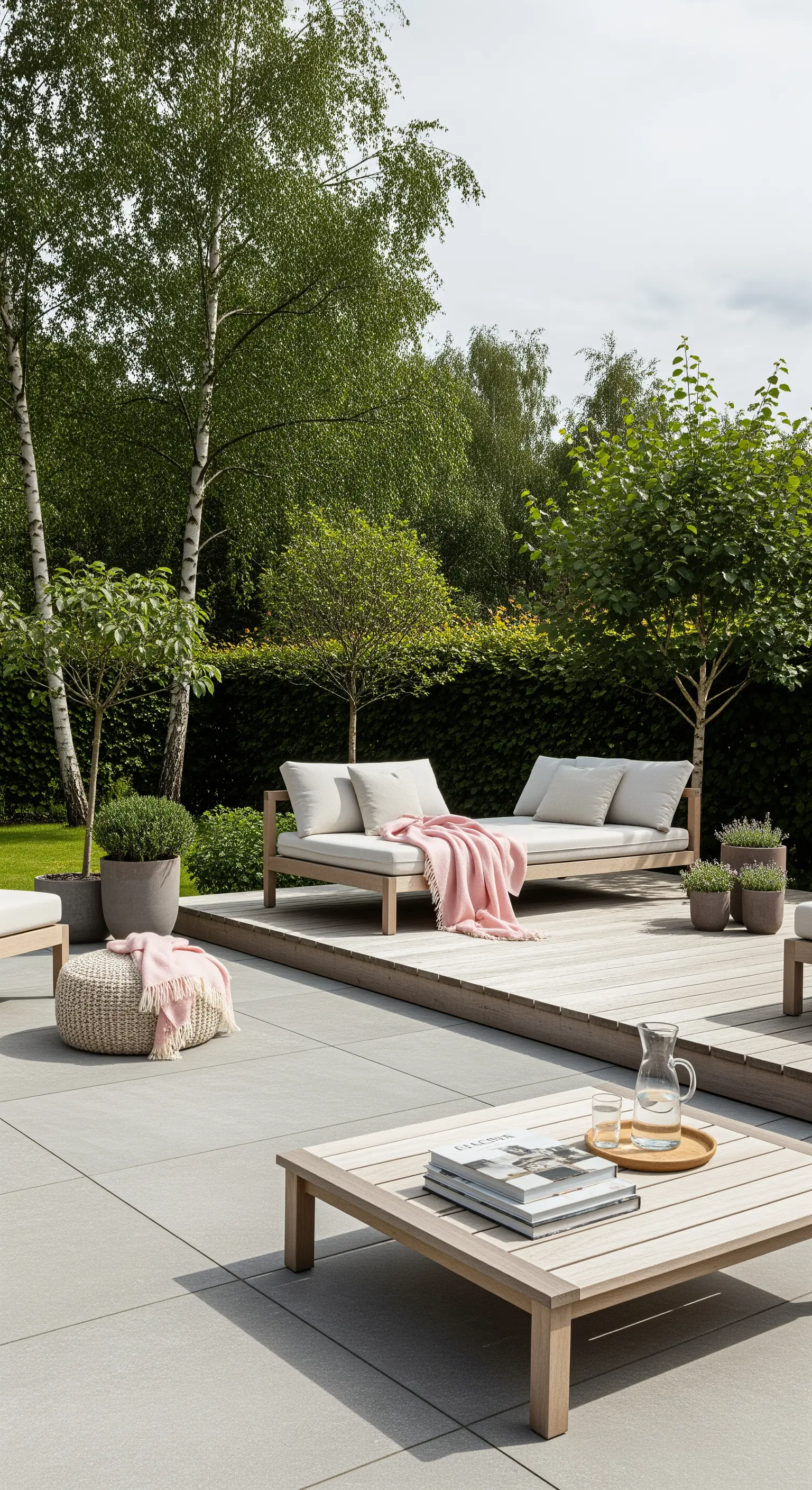 Patio minimalista con daybed in legno chiaro, cuscini bianchi e plaid rosa su pedana in legno.