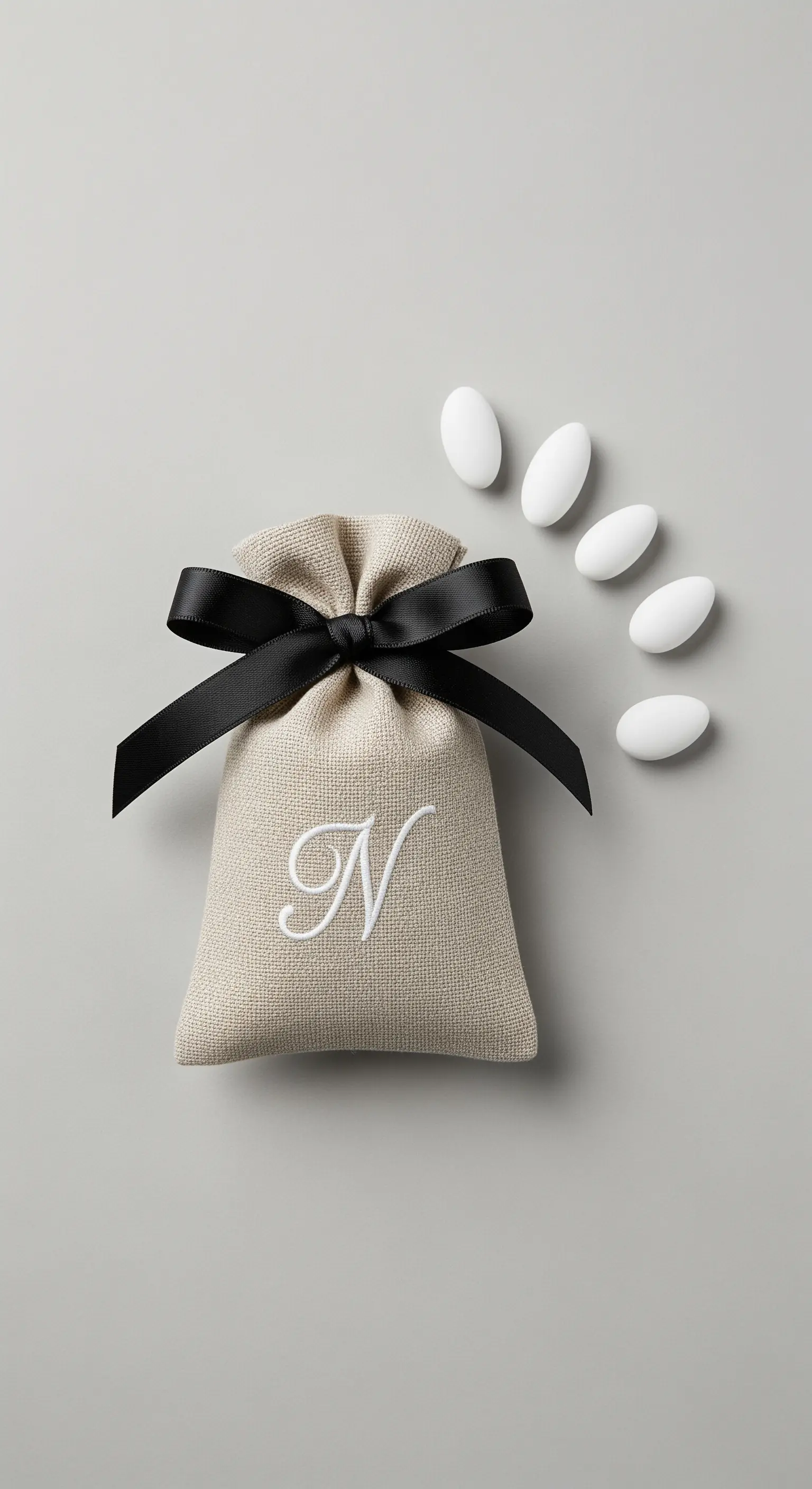 Sacchetto bomboniera in juta naturale con un'iniziale bianca ricamata e un fiocco nero.