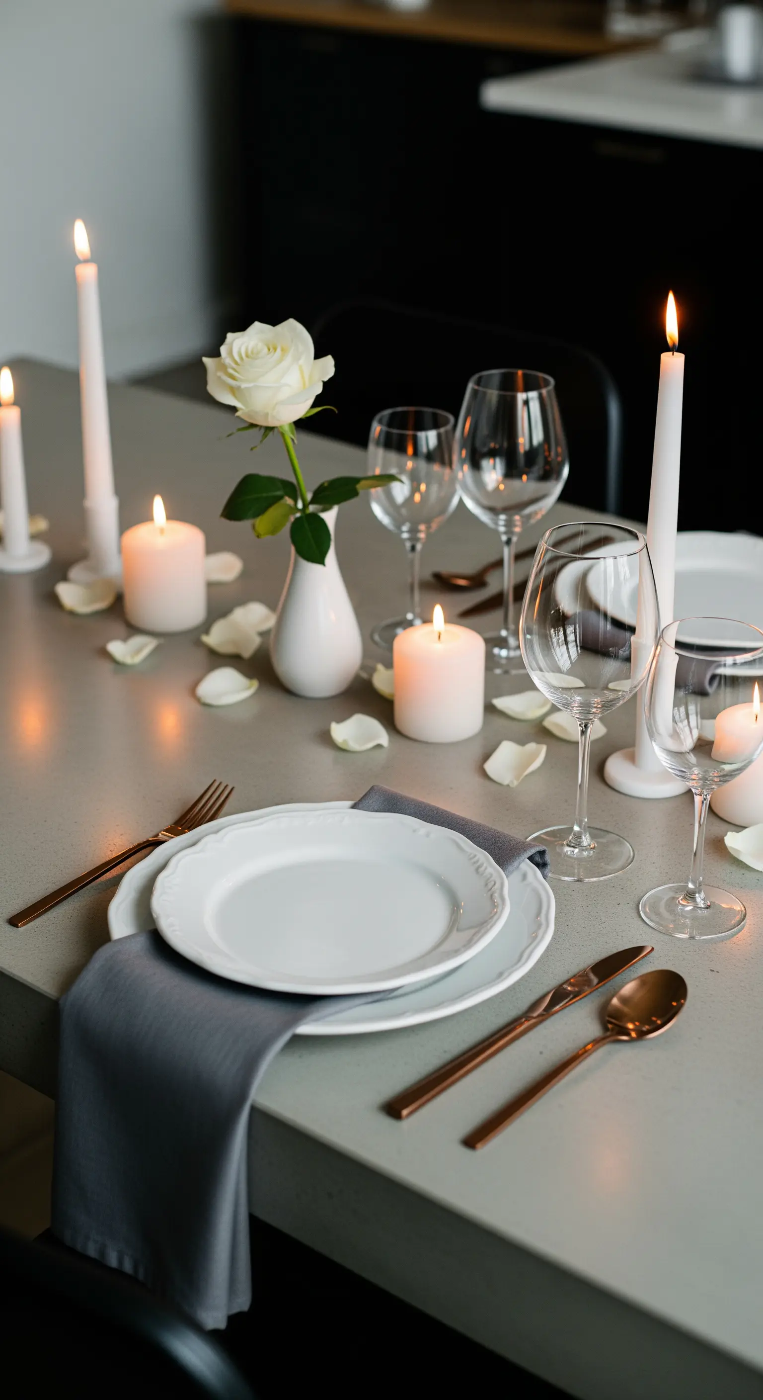Tavola minimalista con piatti bianchi, posate in rame e una singola rosa bianca