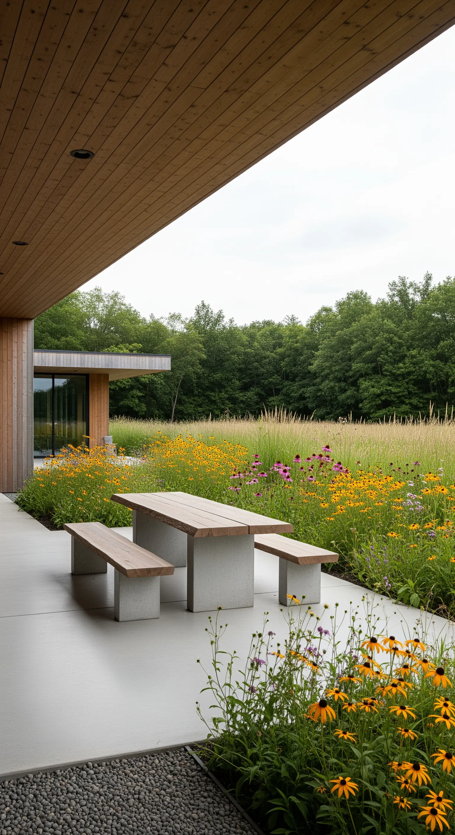 Tavolo da picnic moderno con basi in cemento su un patio affacciato su un prato fiorito.