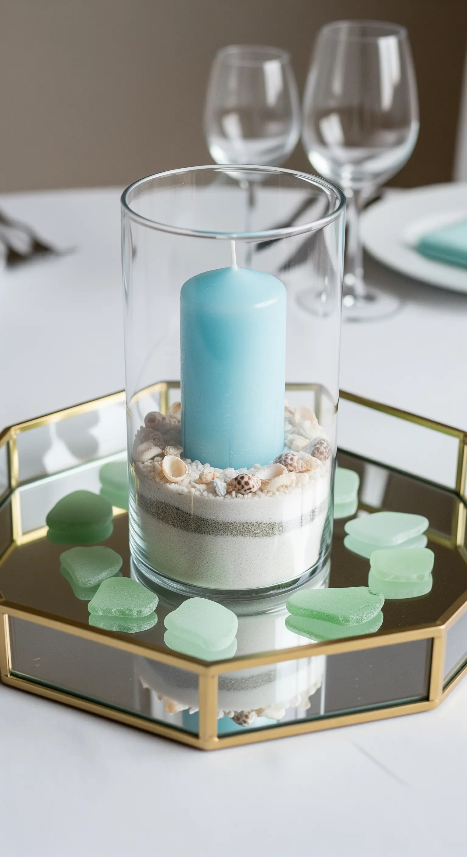 Centrotavola con candela azzurra in un vaso di vetro con sabbia, conchiglie e vetri di mare.