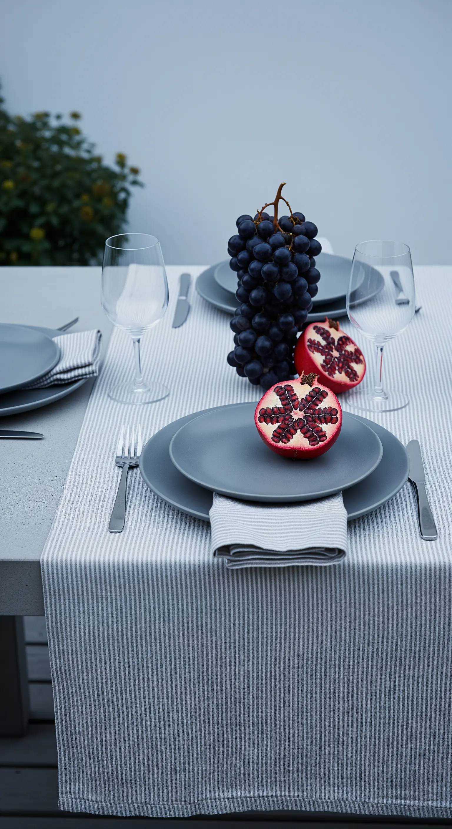 Tavola minimalista con runner a righe grigie, piatti coordinati e un melograno come decorazione.