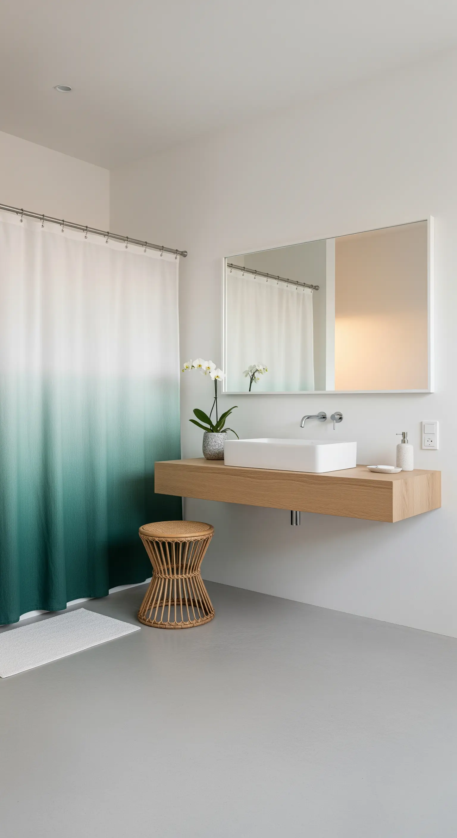 Bagno minimalista con piano lavabo in legno sospeso e tenda da doccia sfumata.