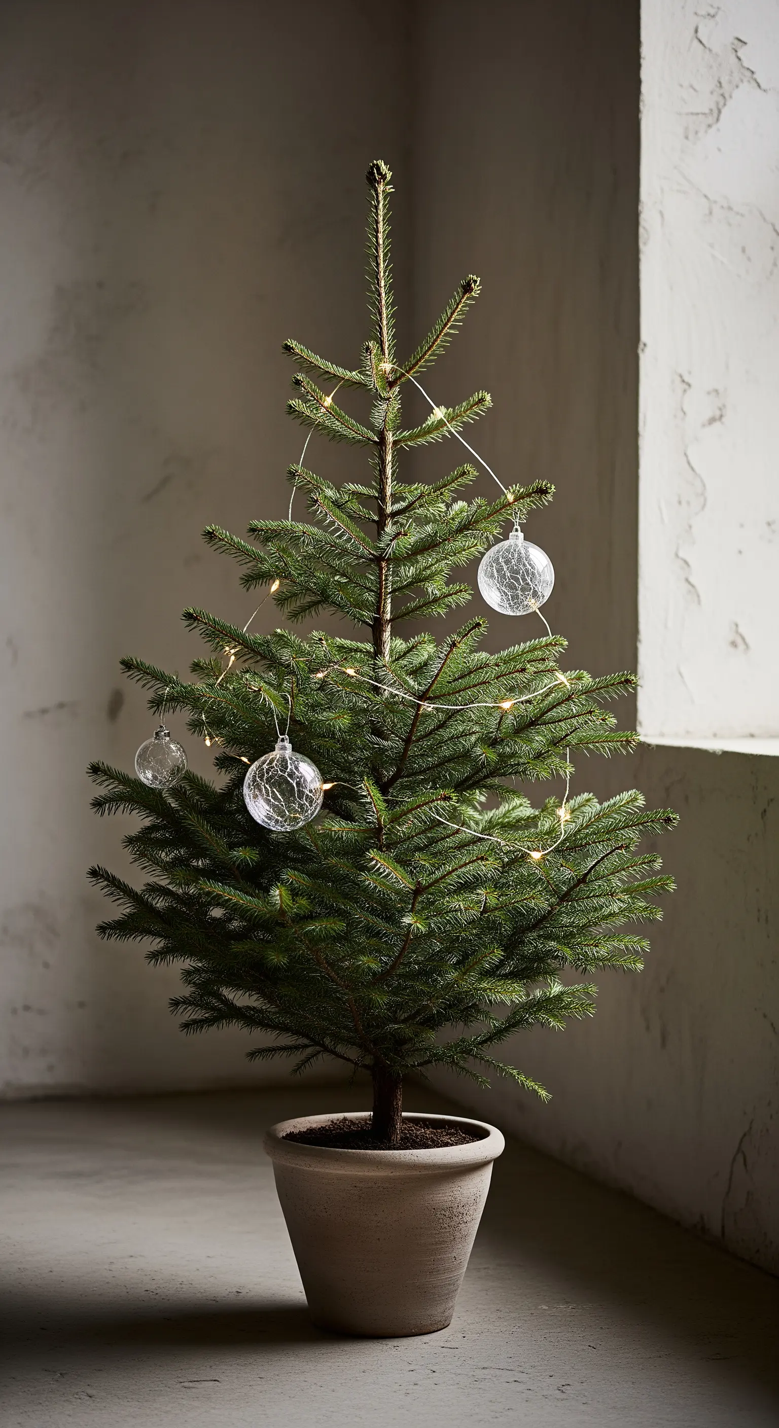 Piccolo abete in vaso su un tavolo, con poche luci e palline di vetro craquelé