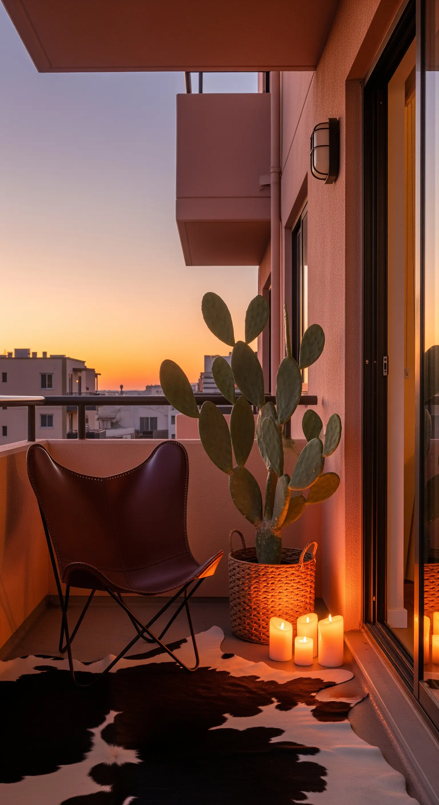 Balcone al tramonto con poltrona Butterfly in pelle, cactus e un gruppo di candele accese.