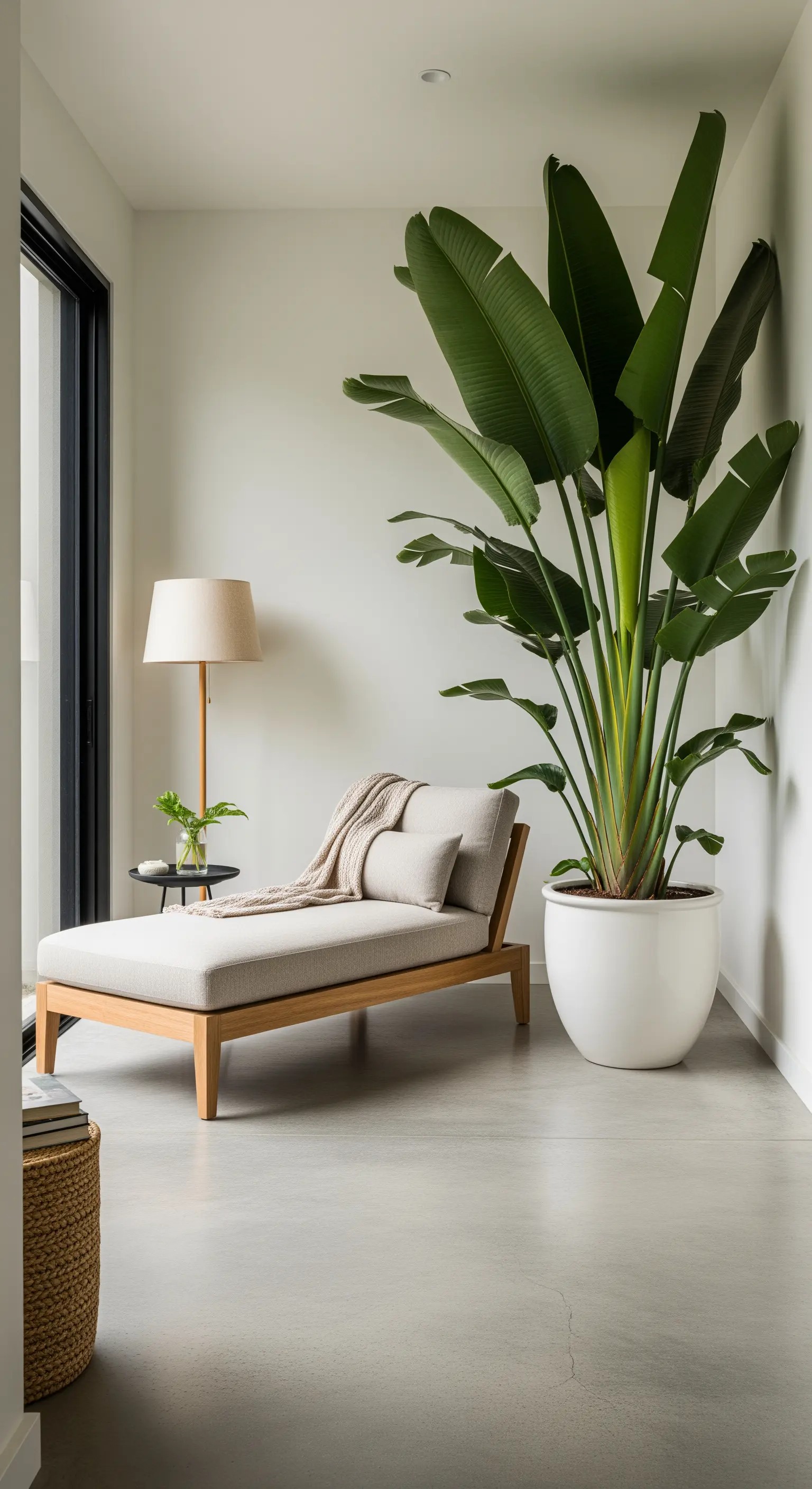 Chaise longue minimalista accanto a una gigantesca pianta di Strelitzia nicolai.