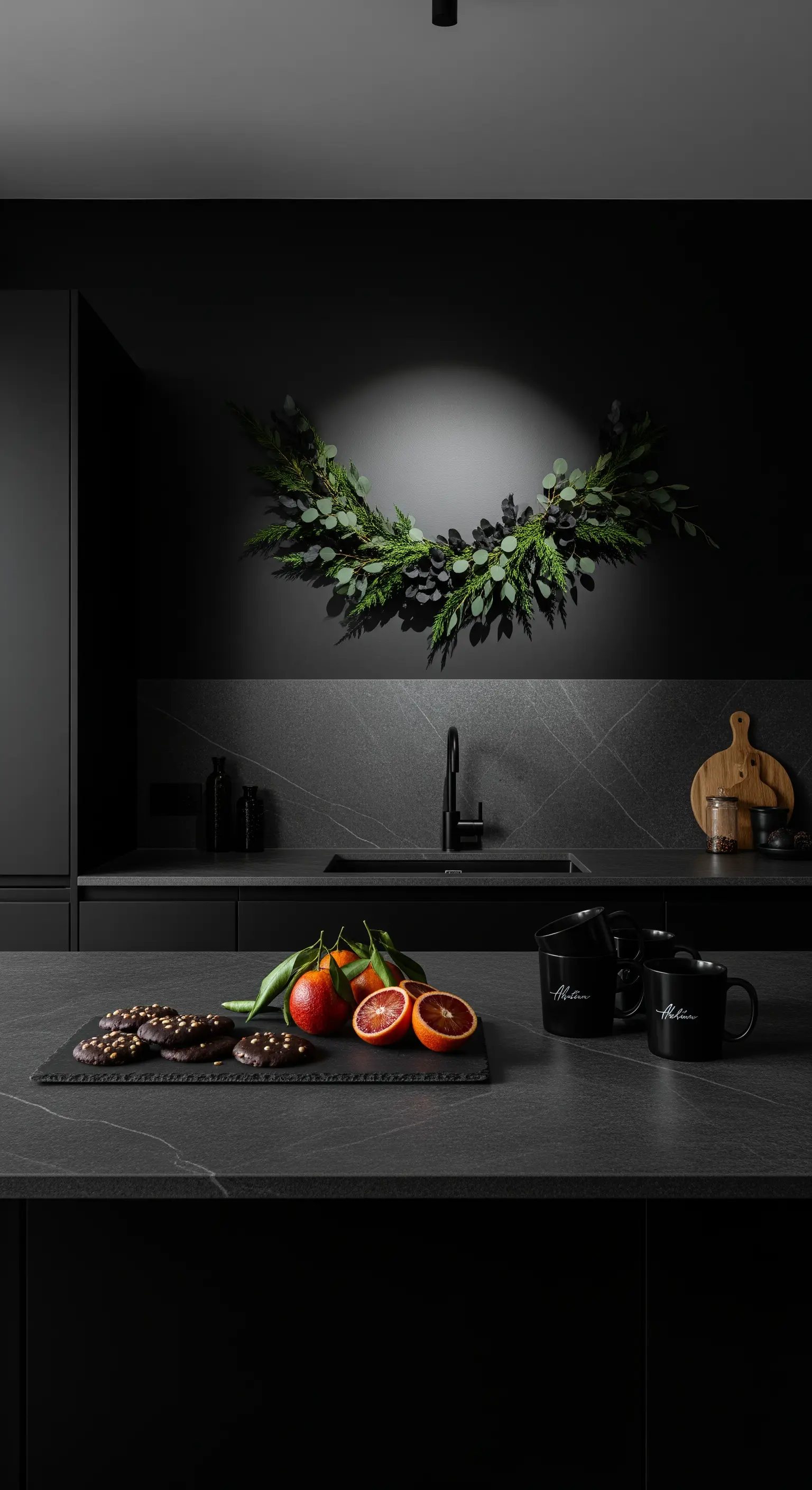 Cucina minimalista total black con una ghirlanda di eucalipto illuminata da un faretto sulla parete.