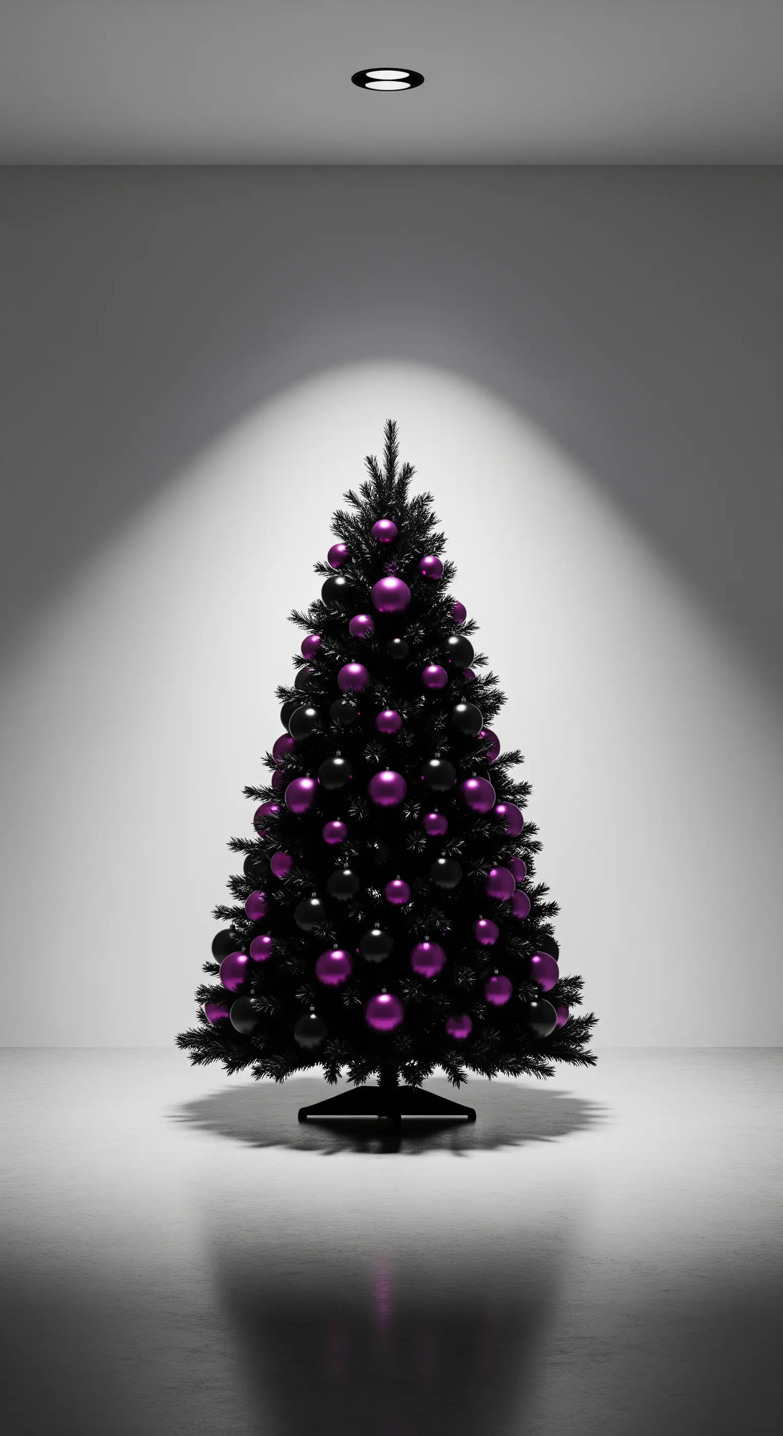 Albero di Natale nero minimalista con palline nere e viola, illuminato da un faretto.