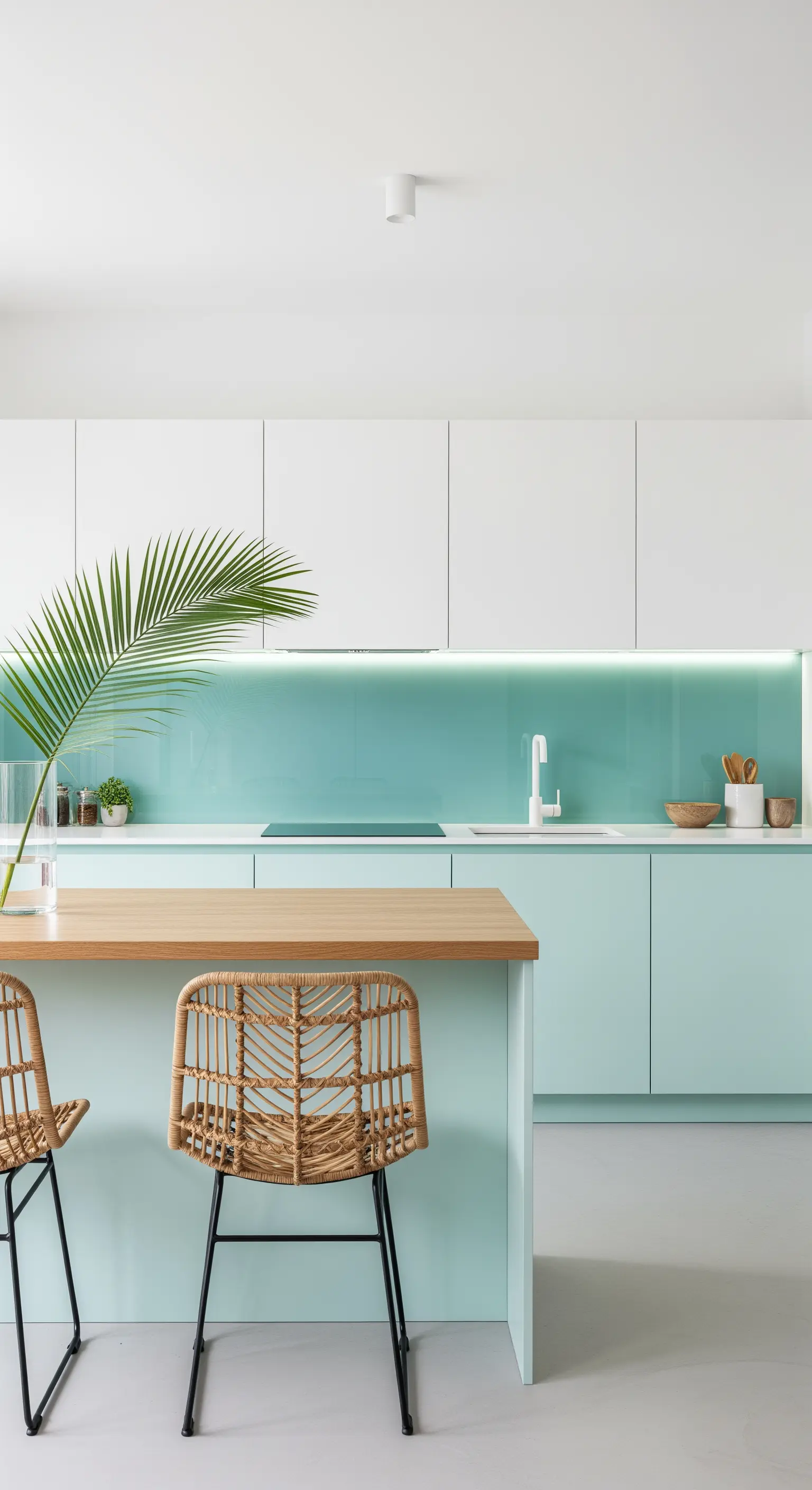 Cucina minimalista bicolore, con pensili bianchi, basi verde acqua e sedie in rattan.