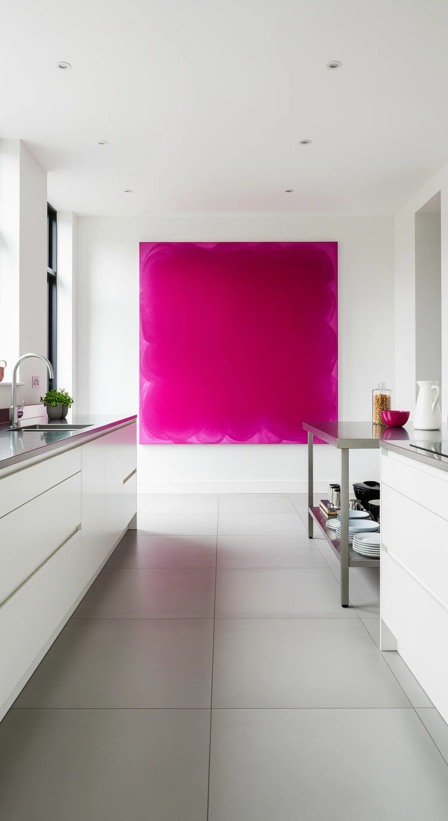 Cucina minimalista bianca con una grande tela monocromatica color magenta sulla parete di fondo.