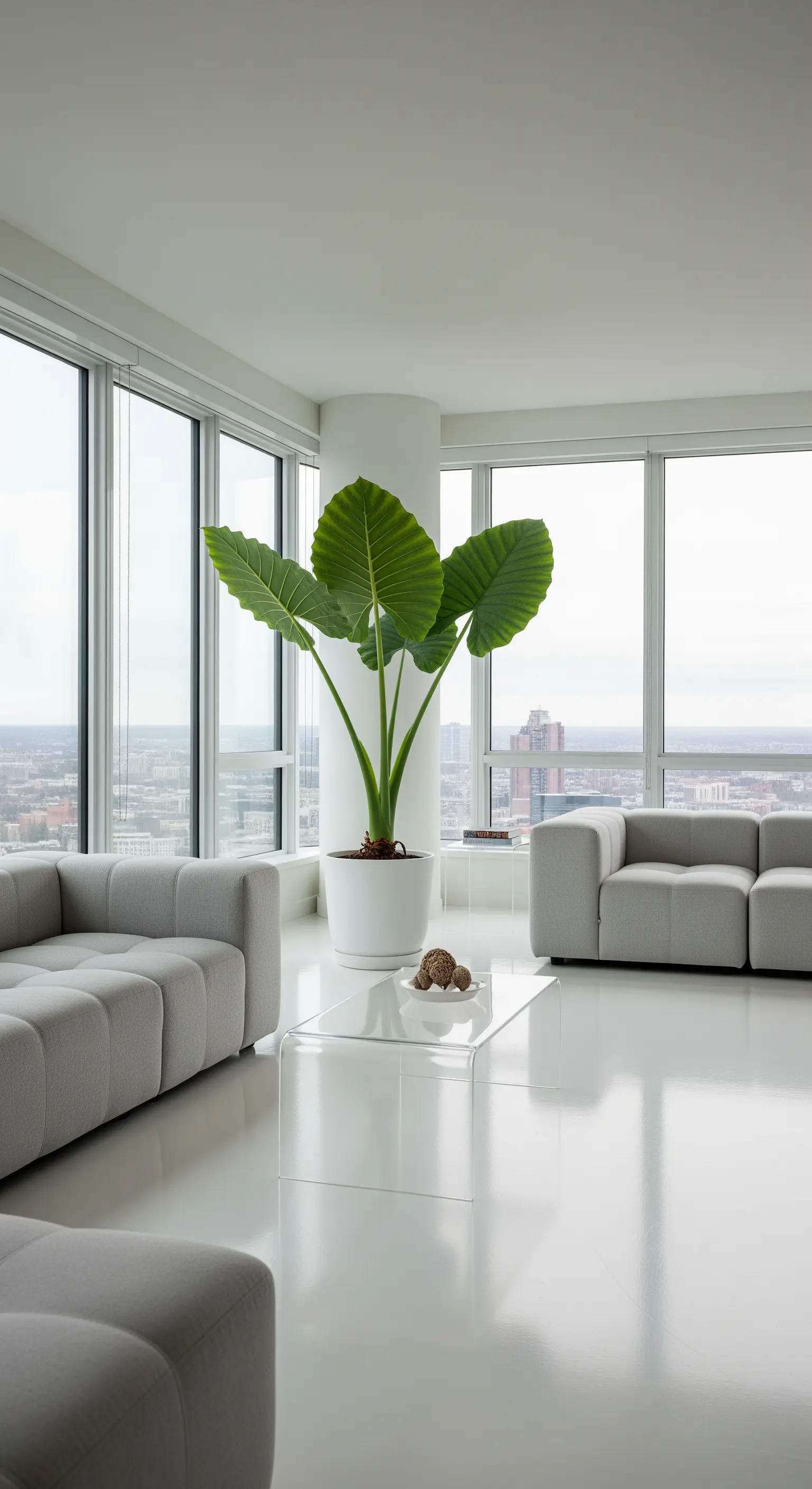 Grande Alocasia in un vaso bianco al centro di un soggiorno minimalista con vista sulla città.