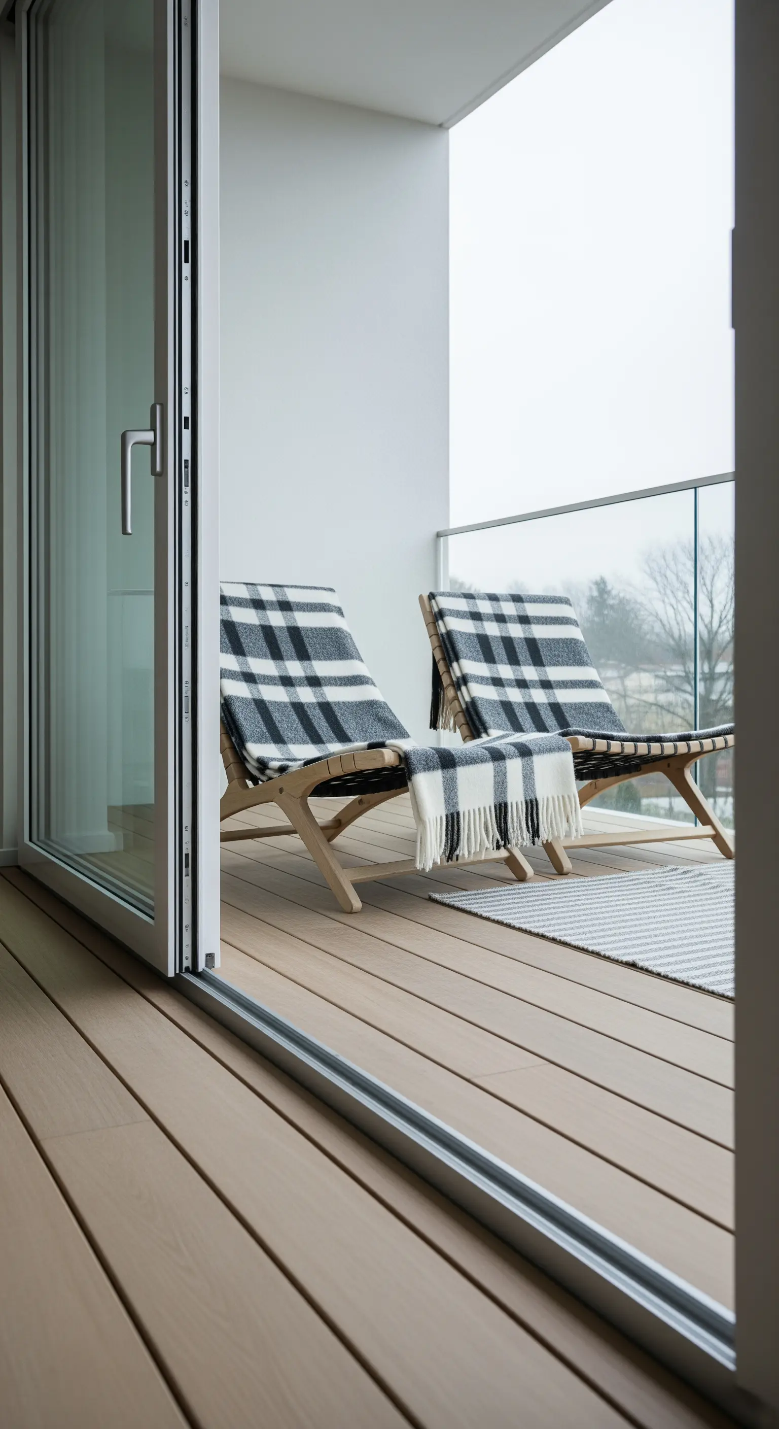 Due sedie a sdraio minimaliste con plaid a quadri su un balcone con balaustra in vetro.