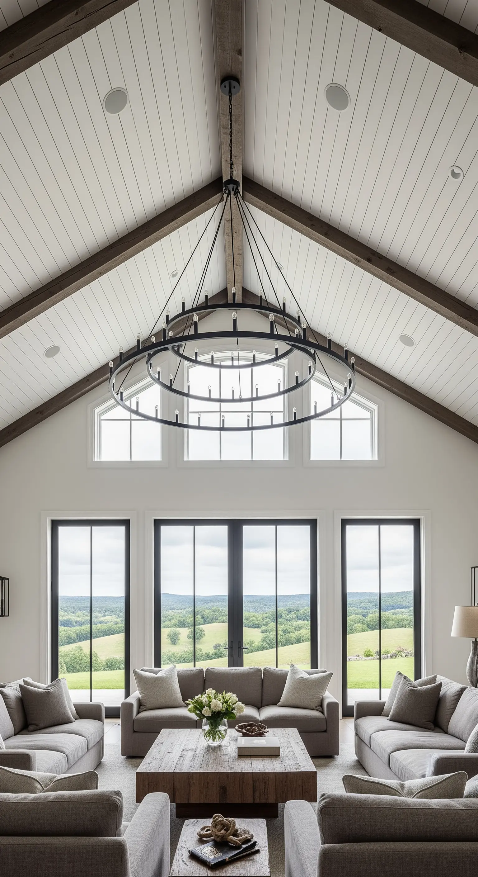 Soggiorno farmhouse moderno con soffitto a cattedrale bianco e un grande lampadario nero a due cerchi.