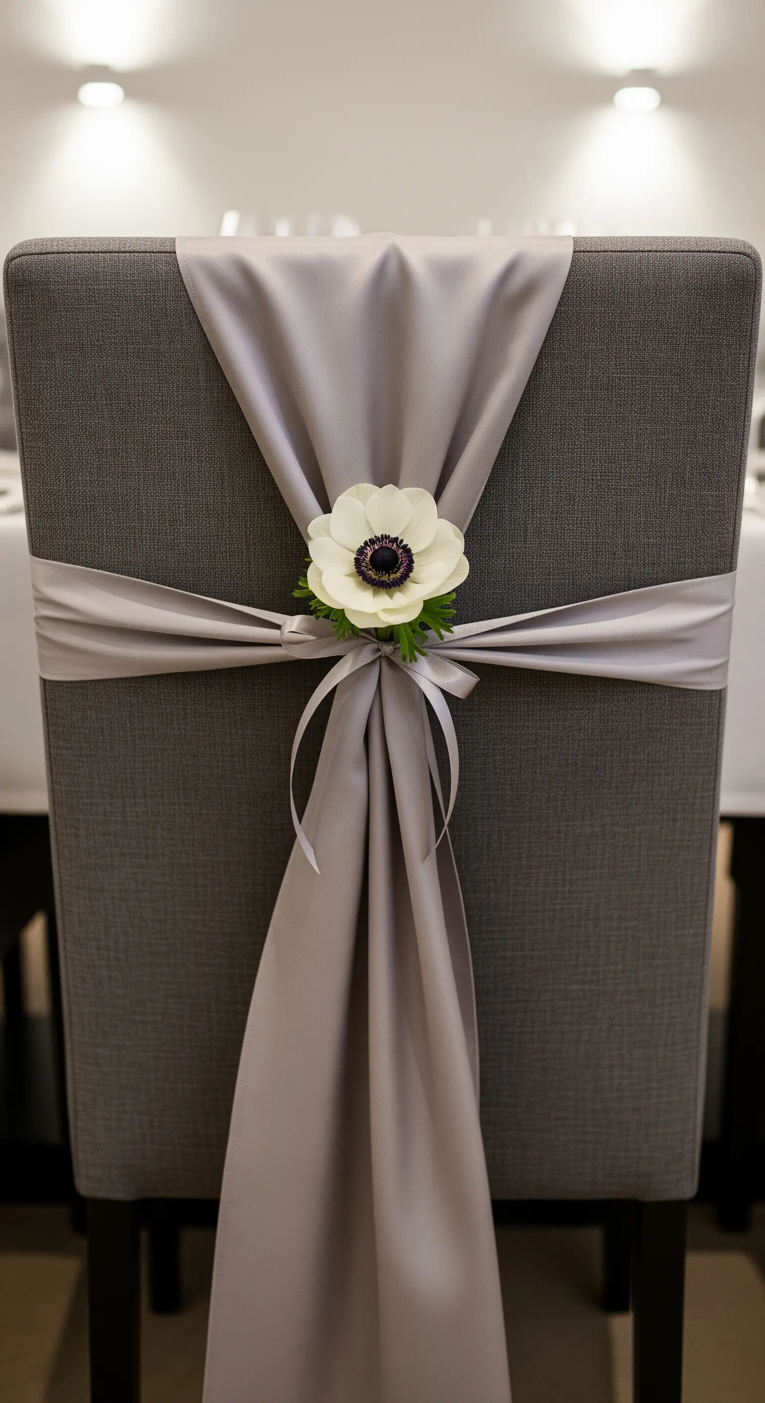 Schienale di una sedia grigia con un drappeggio in raso e un singolo fiore di anemone bianco.