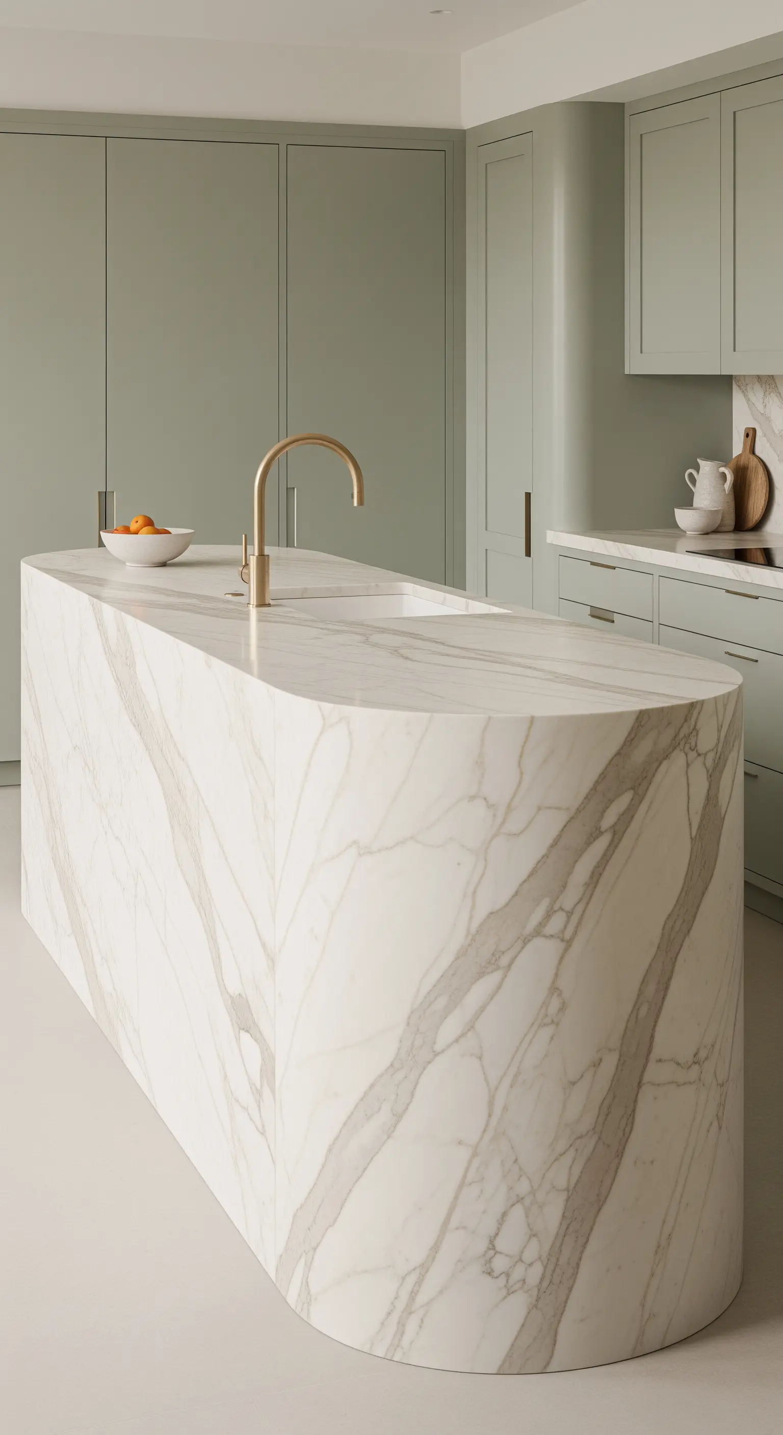 Isola cucina dalla forma ovale interamente rivestita in marmo bianco, in una cucina minimalista verde salvia.