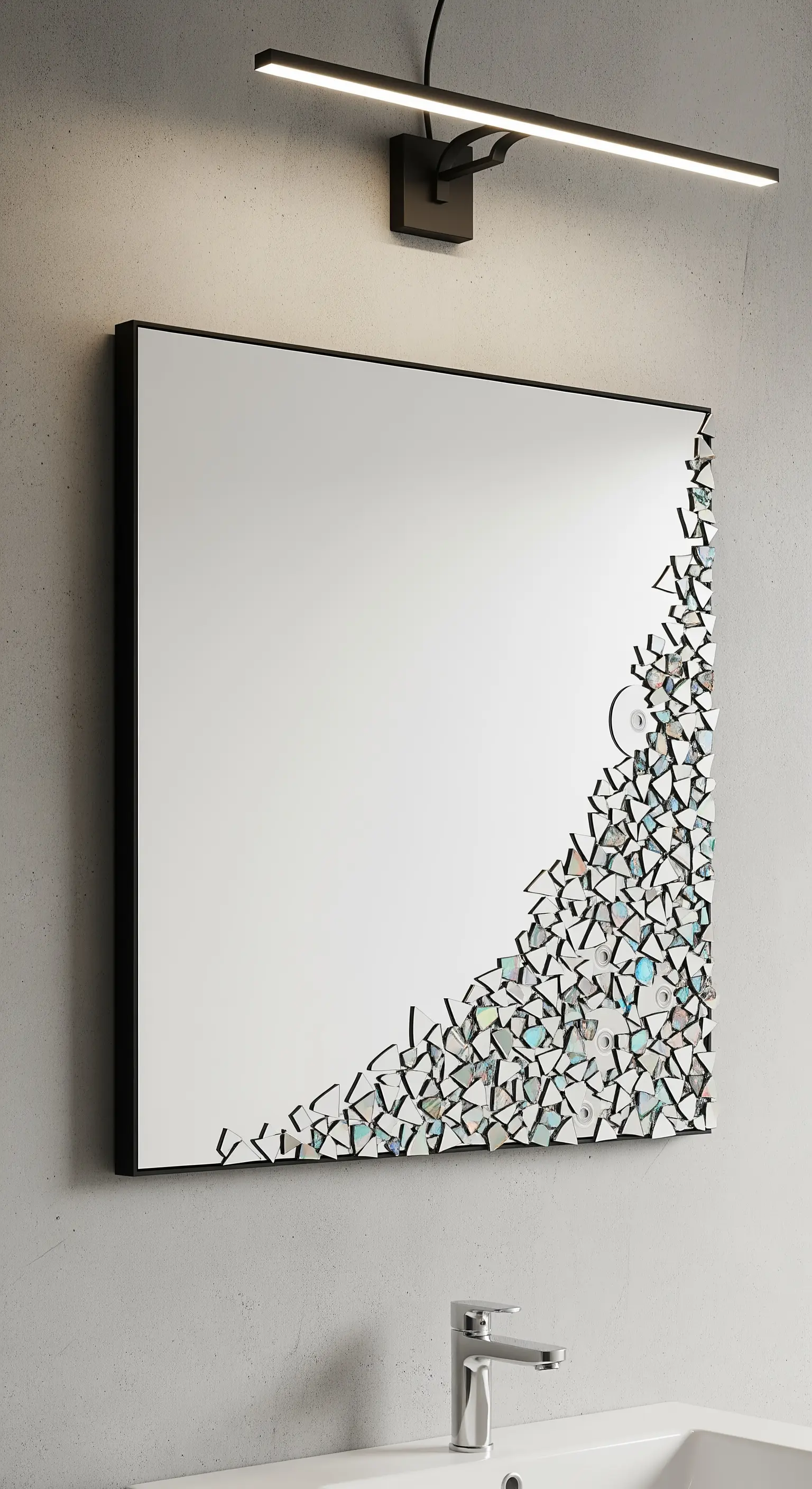 Specchio quadrato da bagno con un mosaico di frammenti di CD concentrato nell'angolo in basso a destra.