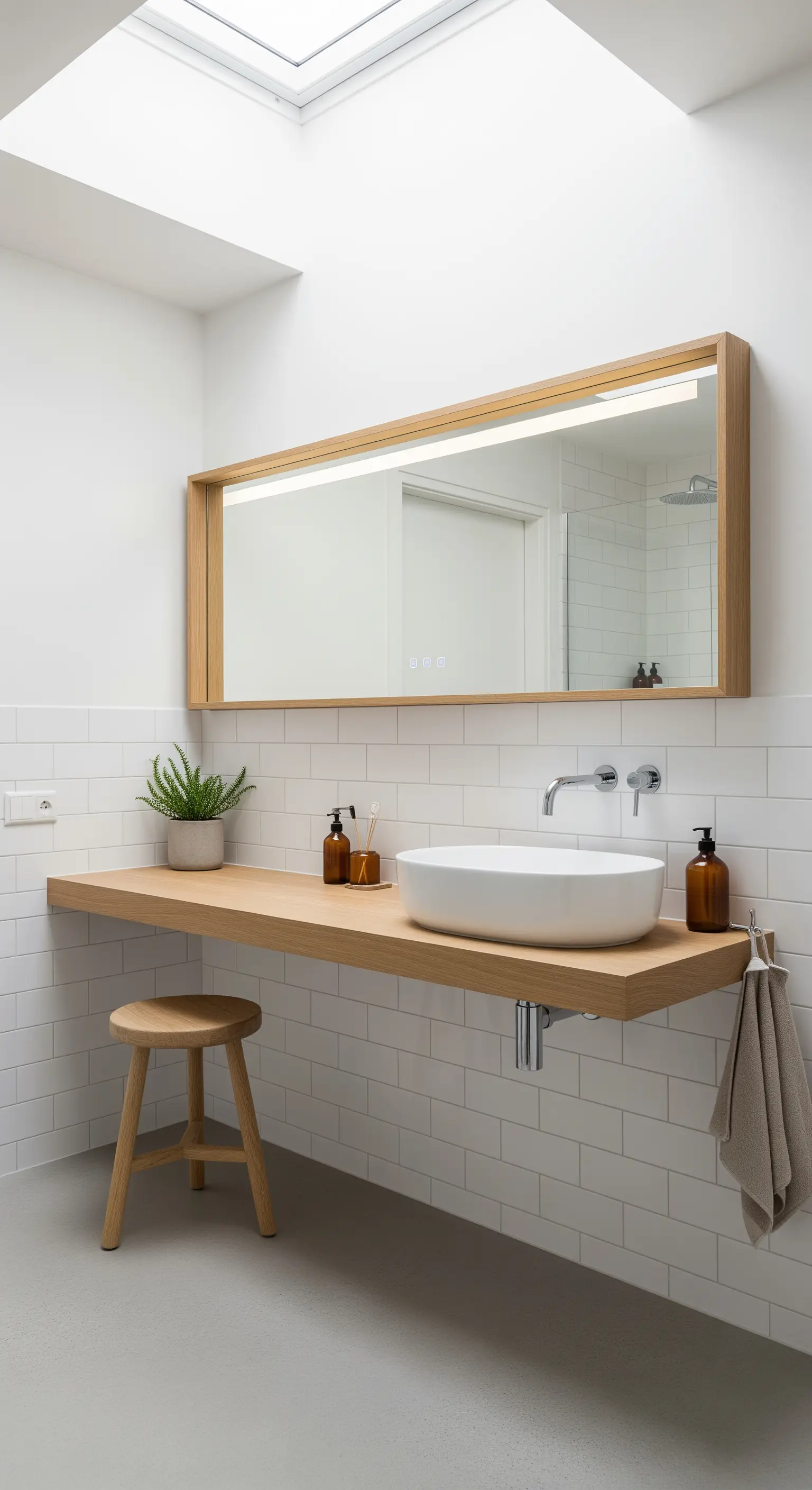 Piano sospeso in legno chiaro con lavabo da appoggio e specchio con luce integrata.