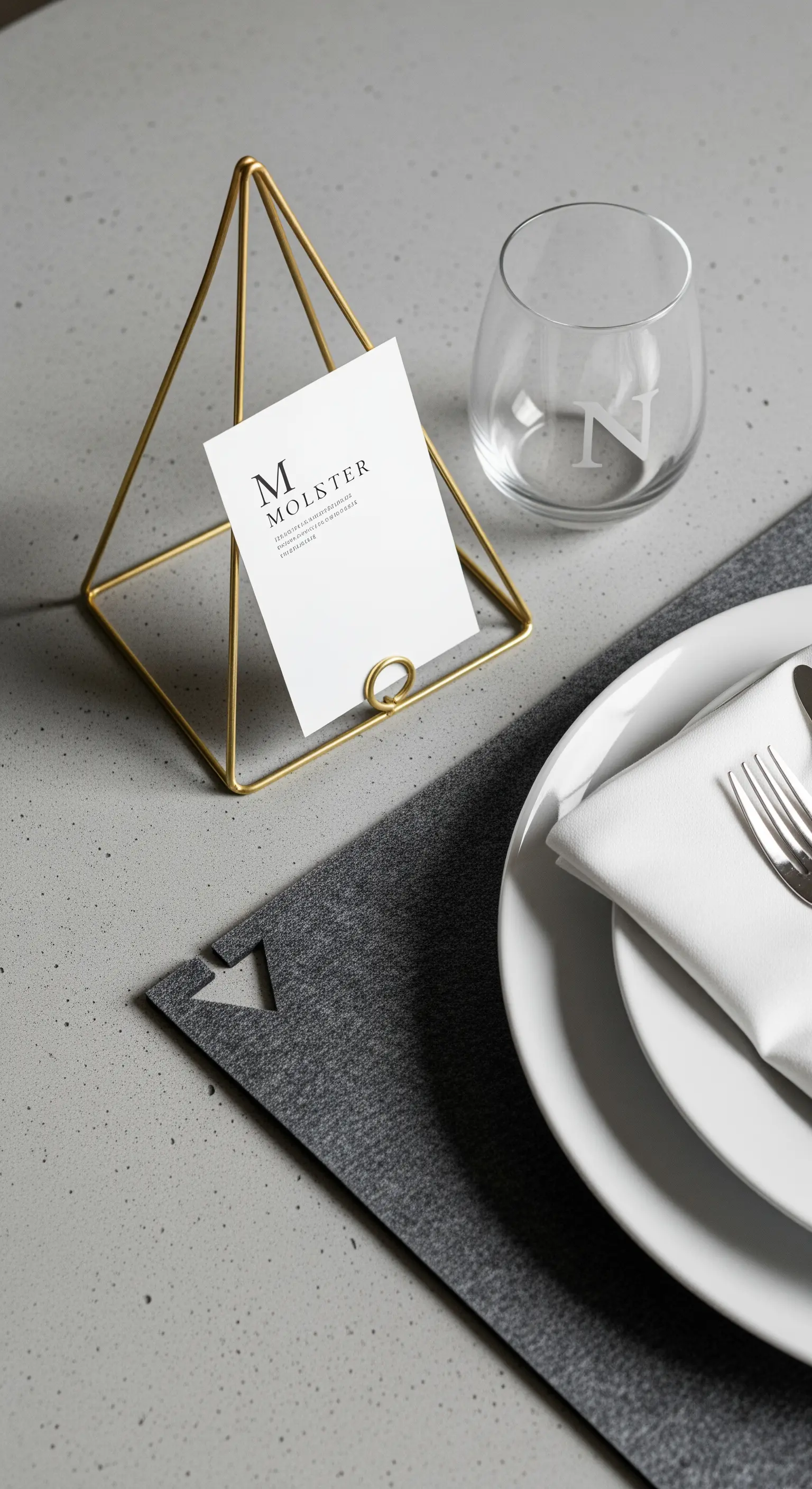 Mise en place minimalista con tovaglietta in feltro grigio e segnaposto geometrico dorato